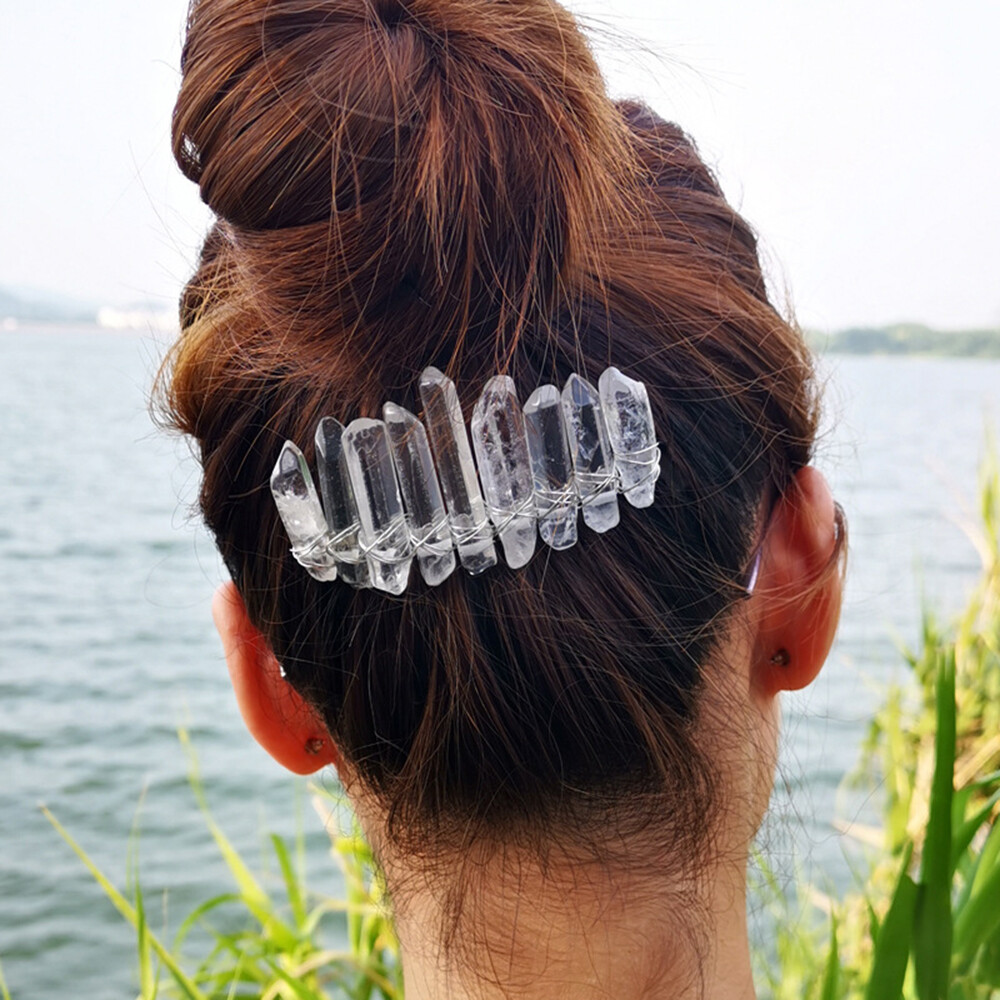 Women Natural Crystal Quartz Hair Comb Headdress Branches Wired Stone 20 teeth