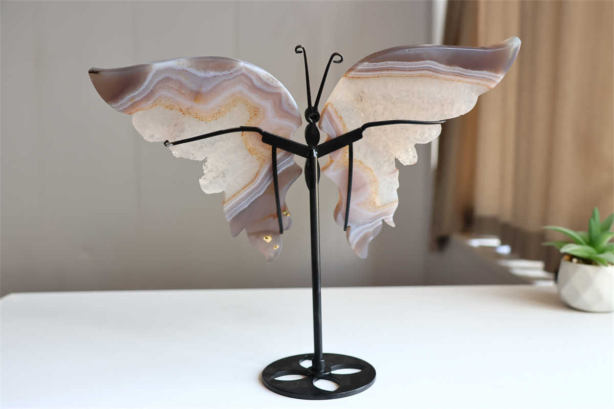 730g Natural Geode Agate Carved Butterfly Wing Reiki Crystal Decor Gift + Stand