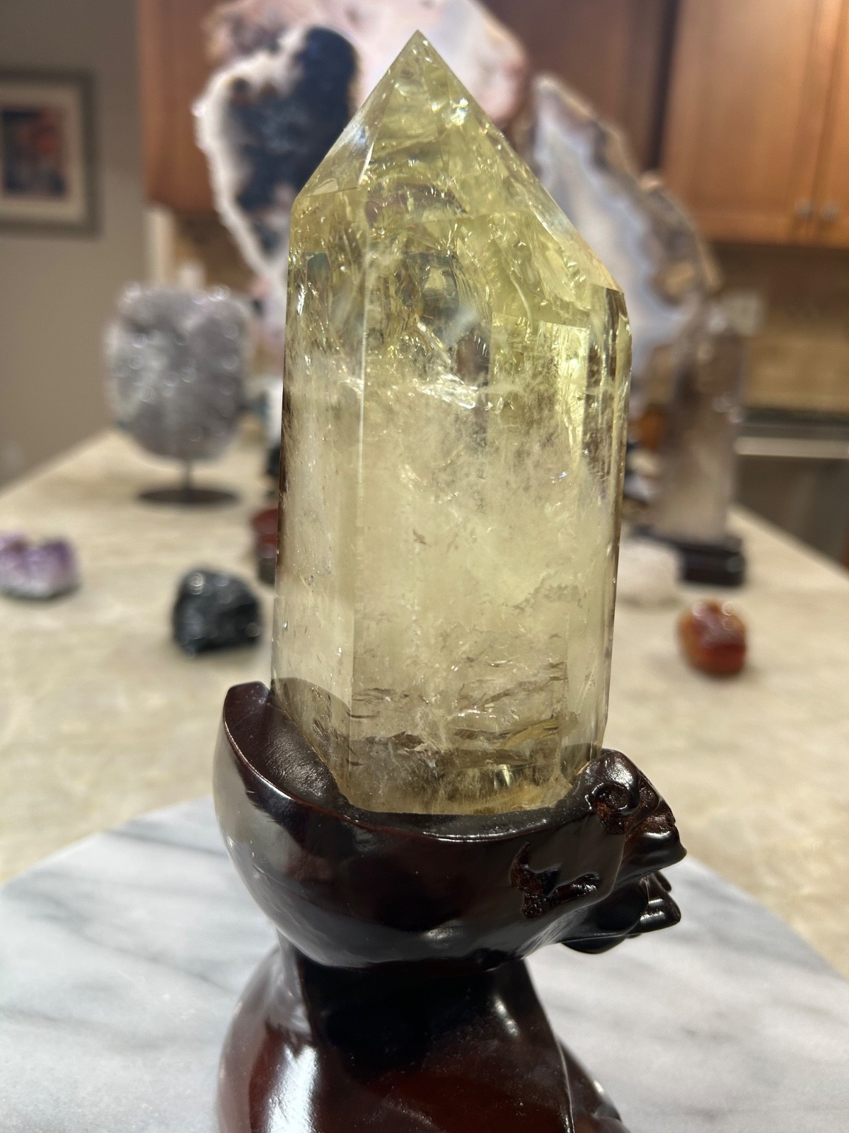 Citrine quartz crystal Freeform tower with custom wood stand