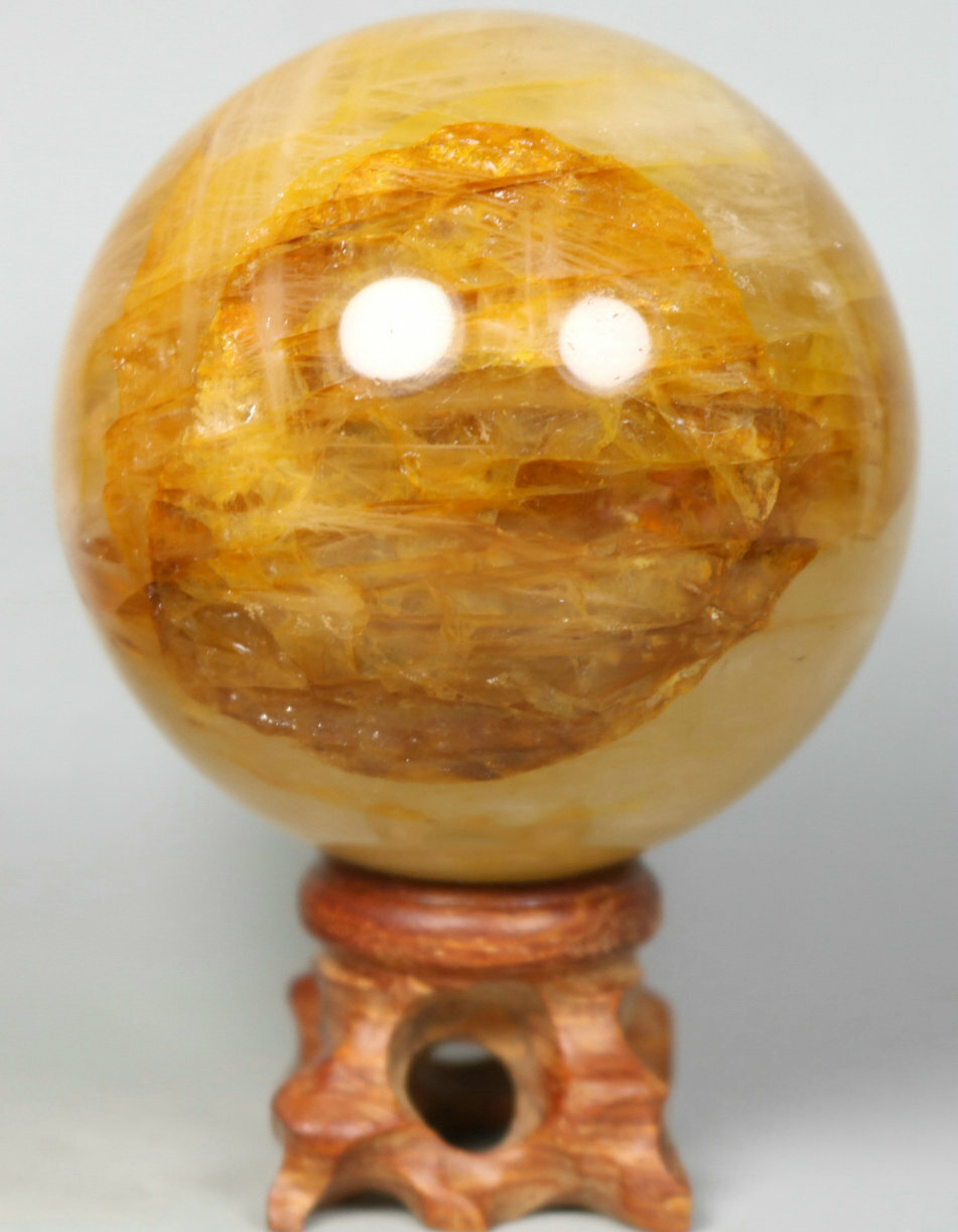 NATURAL Yellow PHANTOM MULTI-INCLUSIONS Quartz Crystal Stone Sphere Ball / Stand