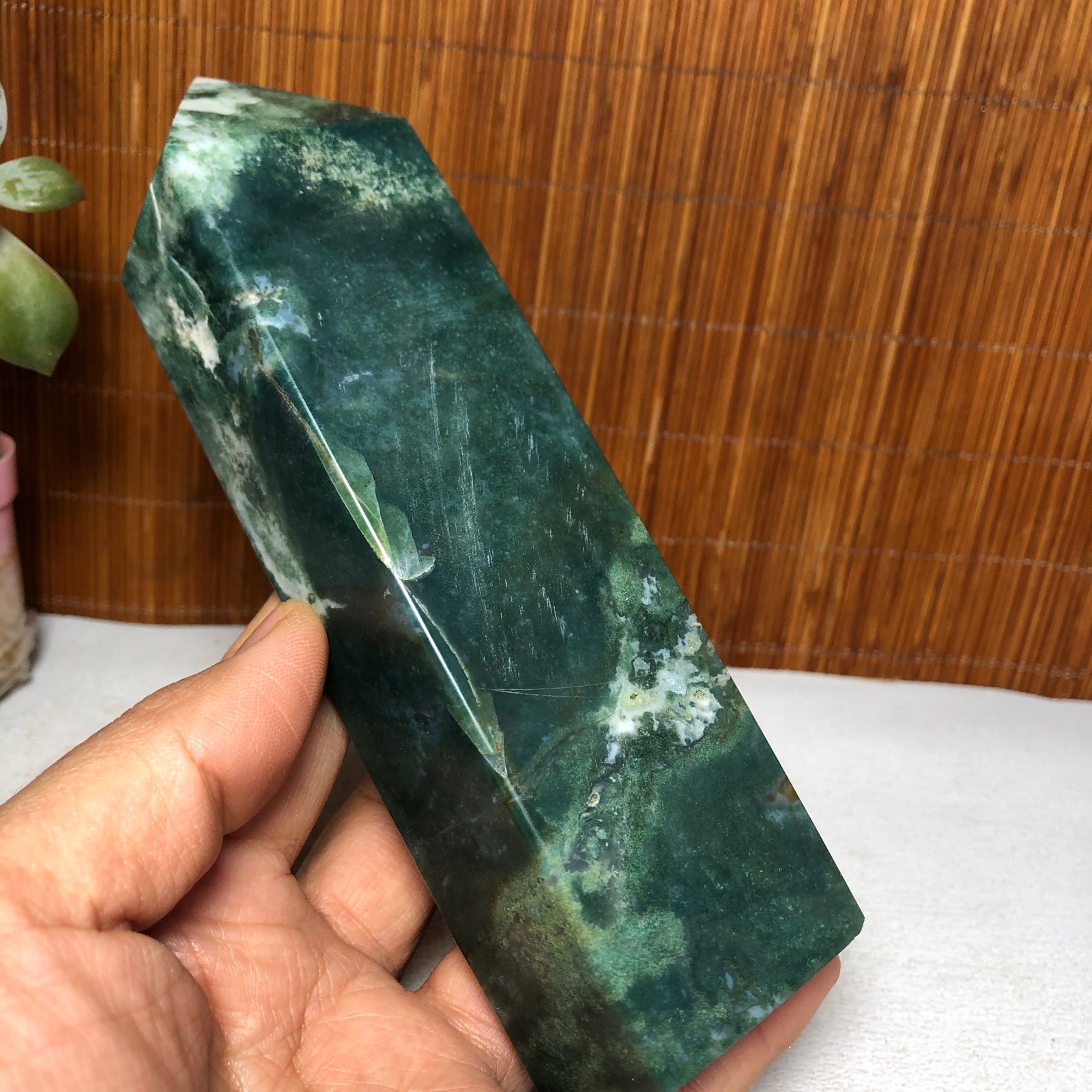150mm Natural Polish Moss Agate Multiple veins Crystal Wand free standing A2284