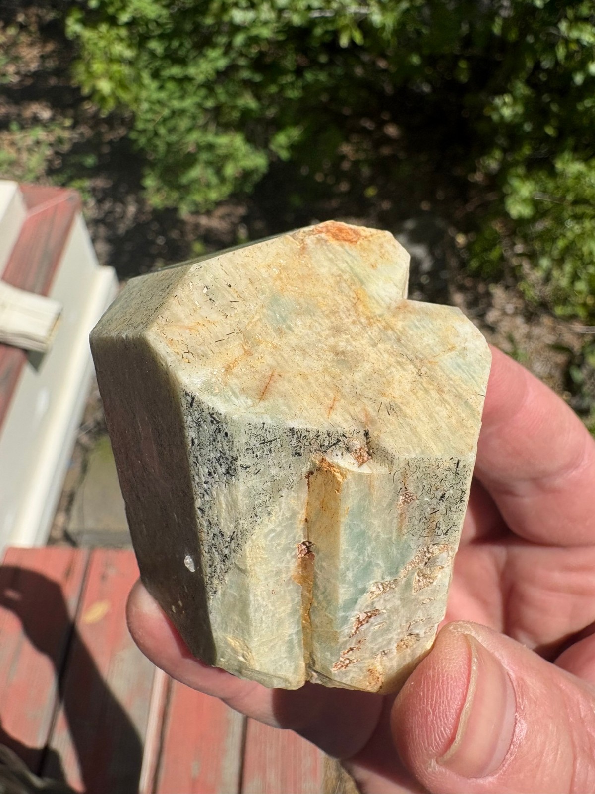 Amazonite, larger crystal, some Tourmaline, Spitskoppe, Namibia