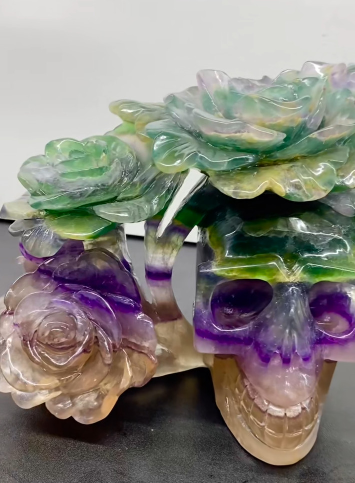 8.6LB Natural Color Fluorite Quartz Carved Flower Skull Crystal Reiki Decor Gift