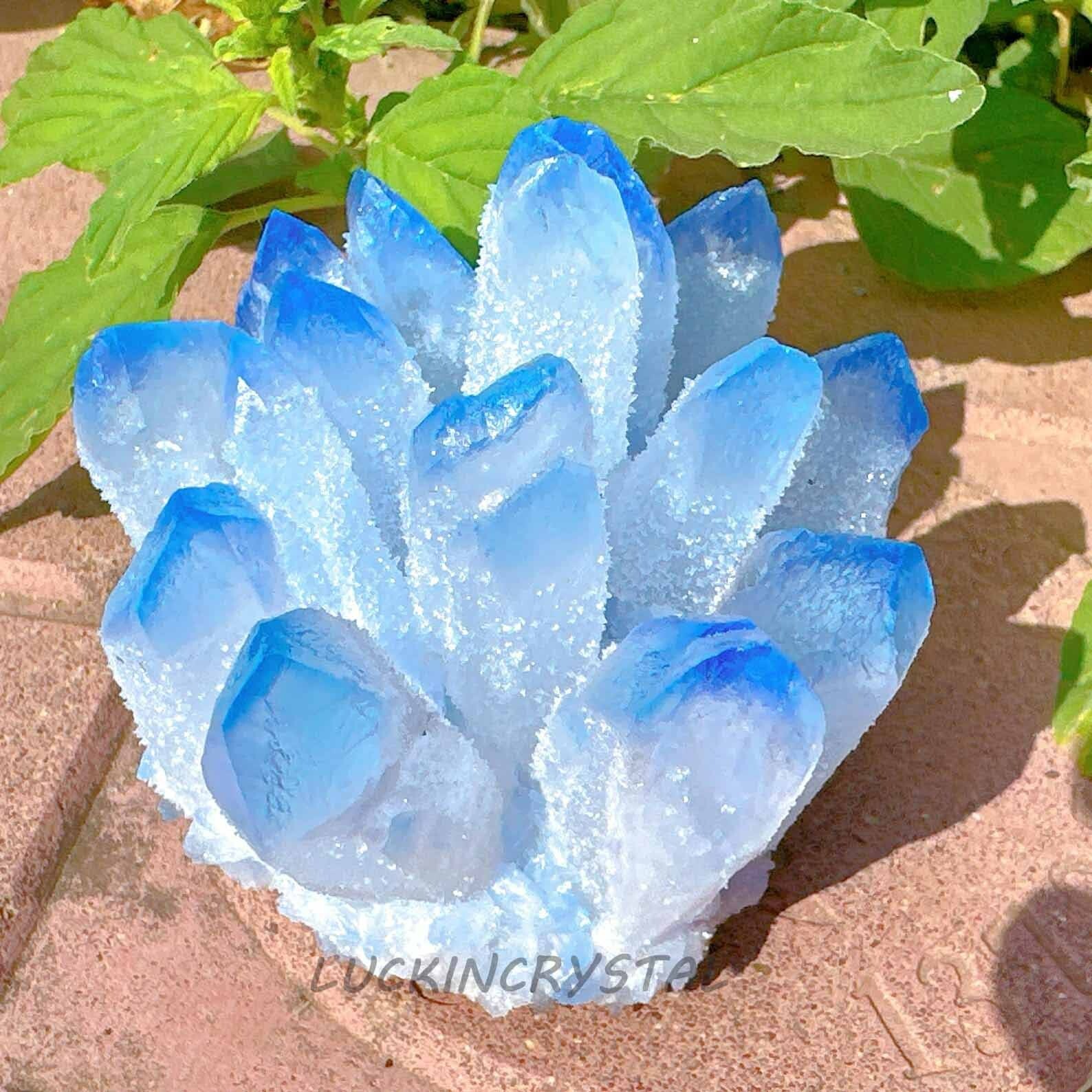 310g+ Aura Sky Blue Phantom Cluster Titanium Geode Quartz Crystal Home Ornaments