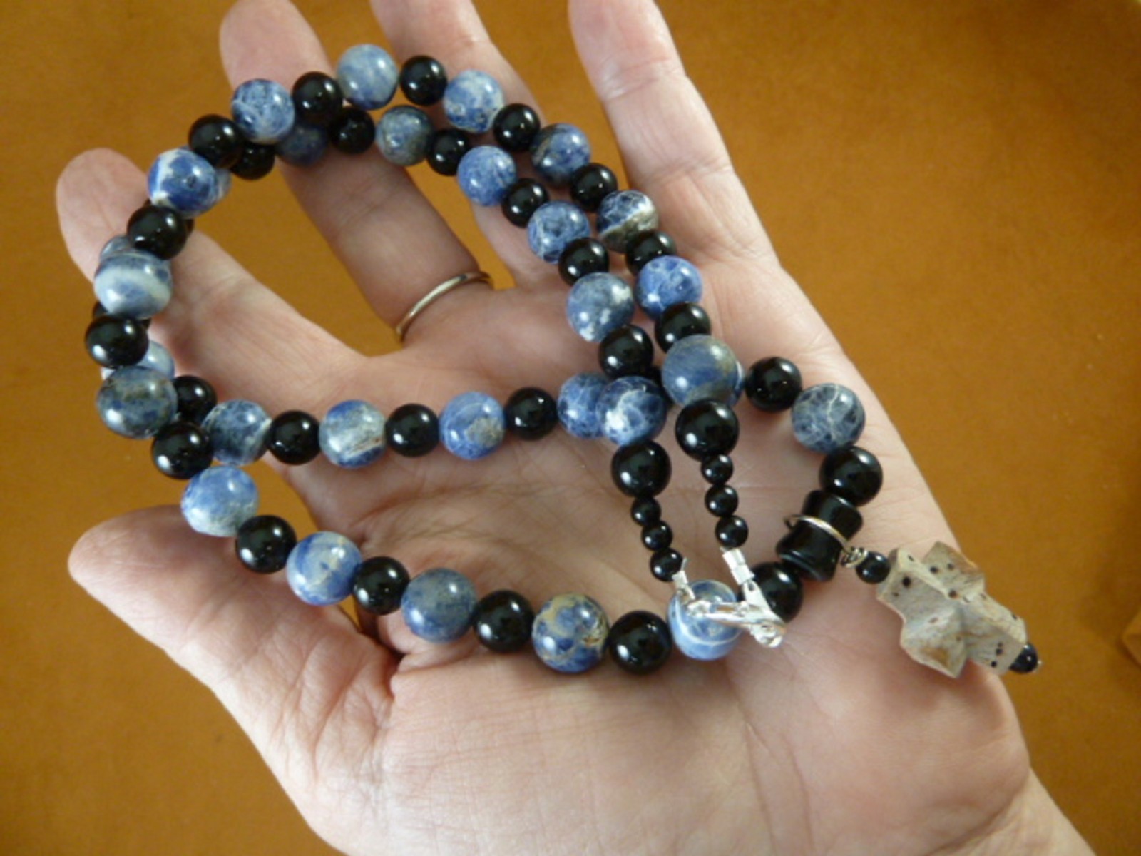 CR510-17 Fairy Stone CHRISTIAN CROSS Lucky Crystal 23″ Sodalite + onyx necklace