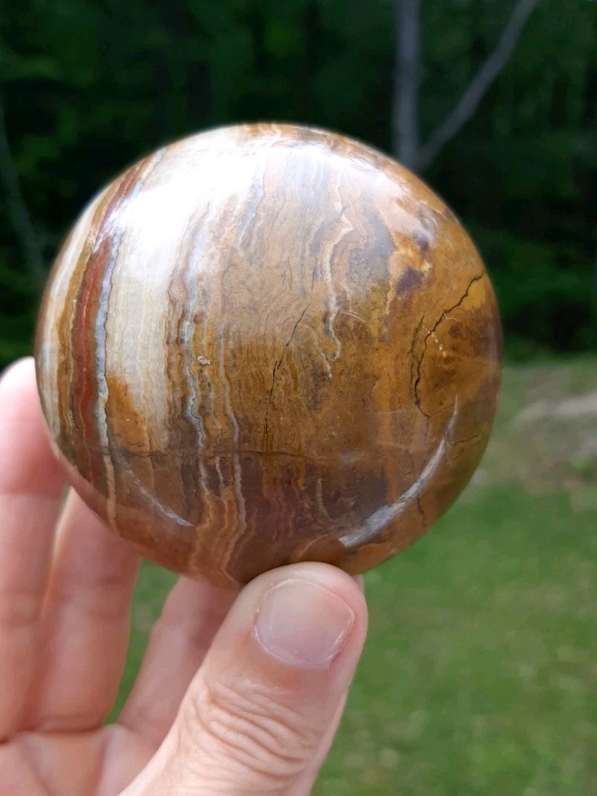 Banded Onyx Sphere Brown Tone Polished Stone Orb 3″ With Wood Stand