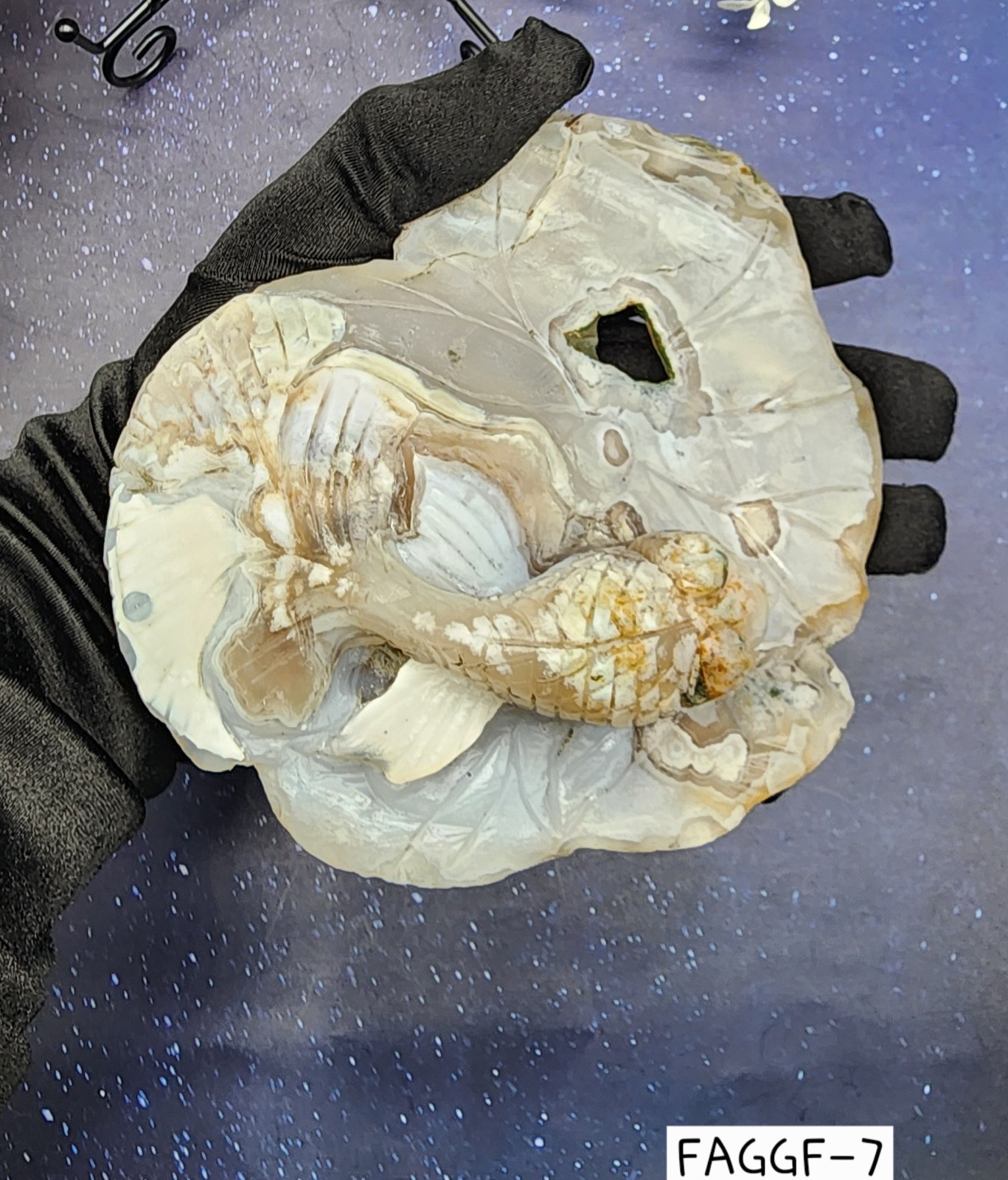 Flower Agate Koi Fish On Lily Pad Carving Unique Handcrafted Crystal Art /Stand