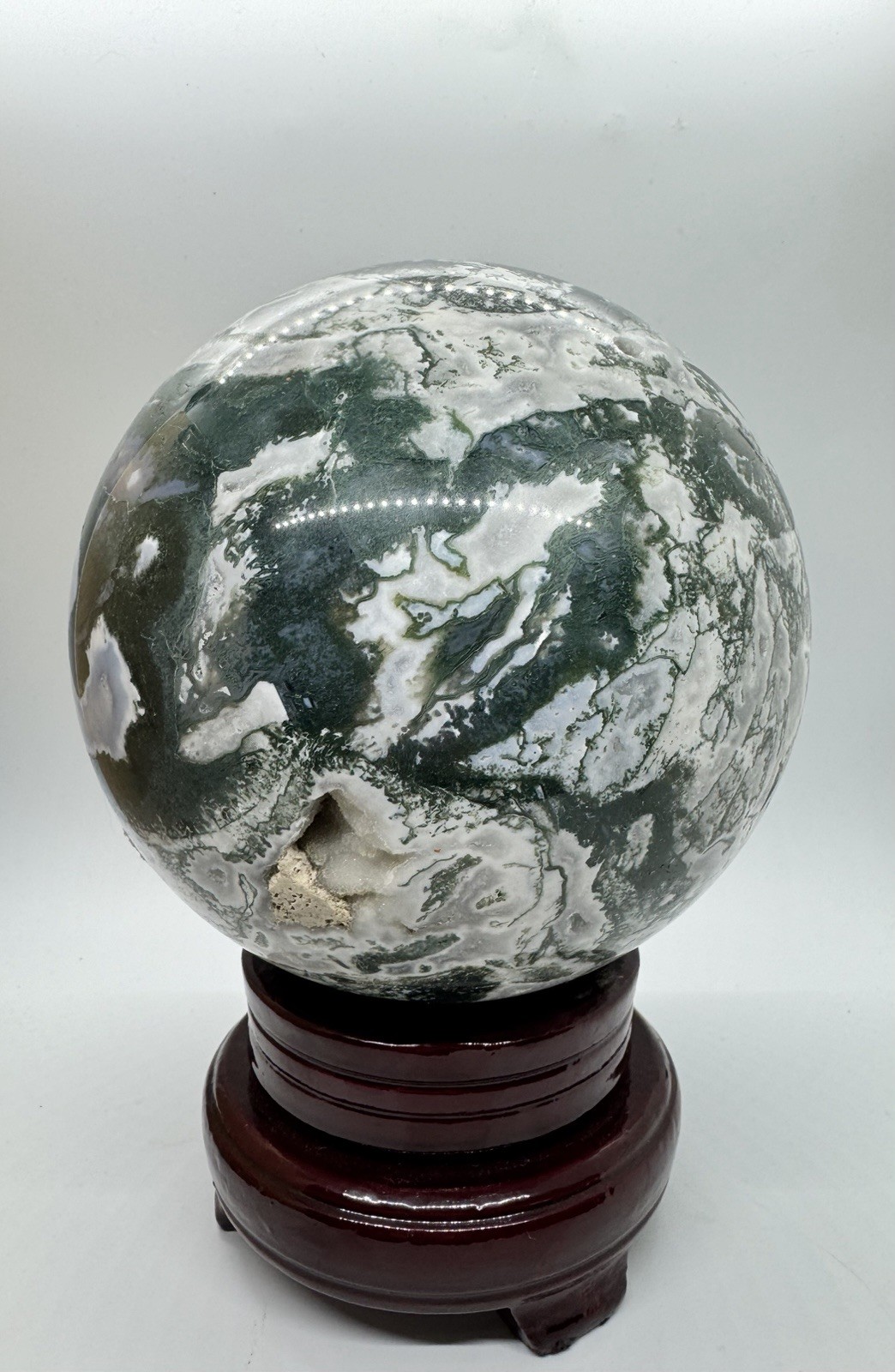 11 pound Polished Moss Agate Green White Crystal Sphere with Wooden Stand
