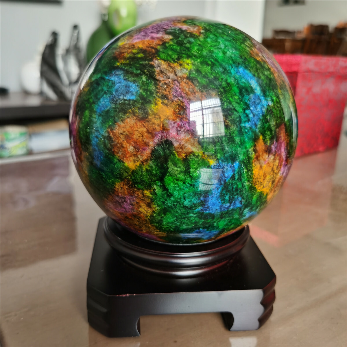 5.6kg Natural “Seven Colors Jade” sphere specimen -Taiwan China +stand W5907