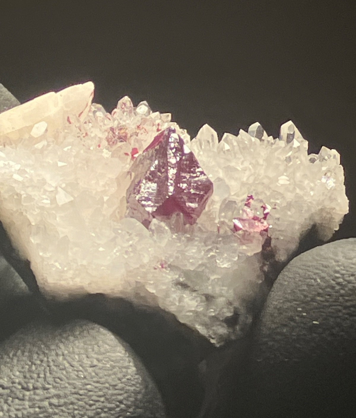 Pristine Cinnabar “drillbit” on Quartz, Calcite Tongren Mine Wanshan dist. China