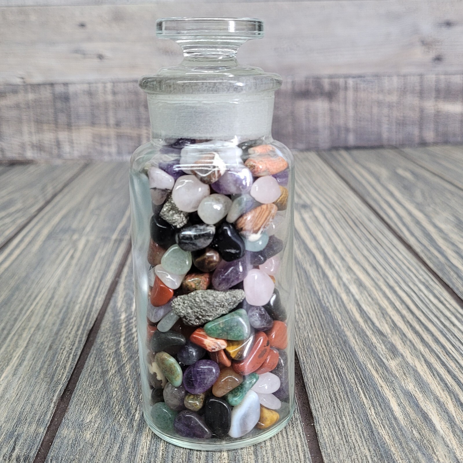8oz Mixed Crystals in Vintage Chemist Apothecary TCW Glass Jar Small Tumbles EUC