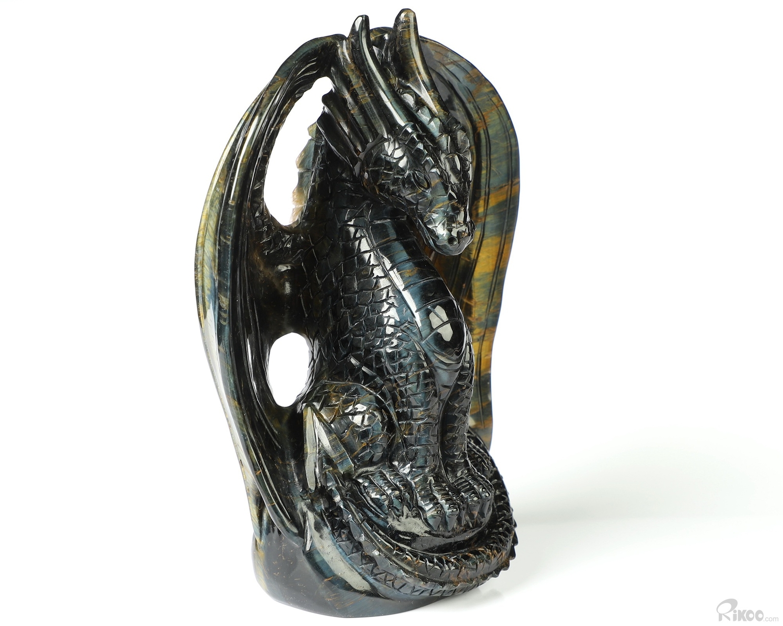 Gemstone 5.1″ Blue & Gold Tiger’s Eye Hand Carved Crystal Dragon Sculpture