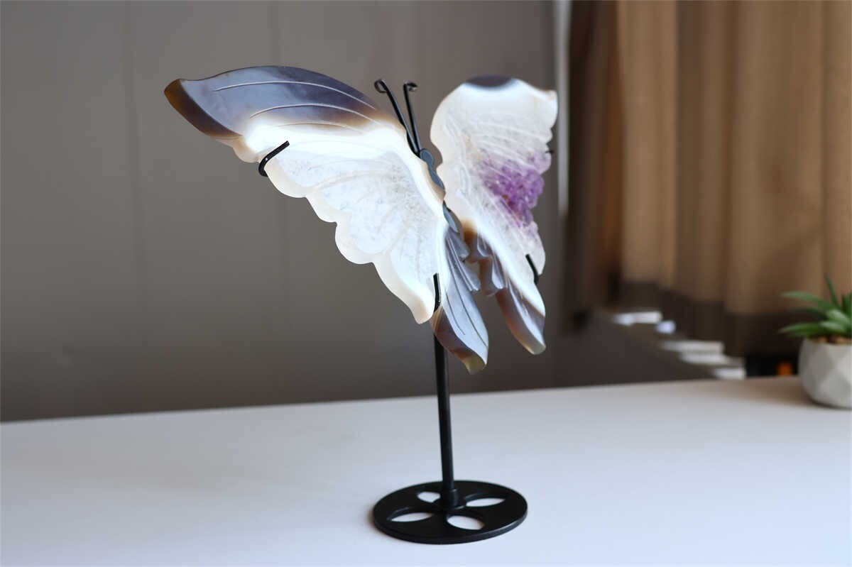 650g Natural Geode Agate Carved Butterfly Wing Reiki Crystal Decor Gift + Stand
