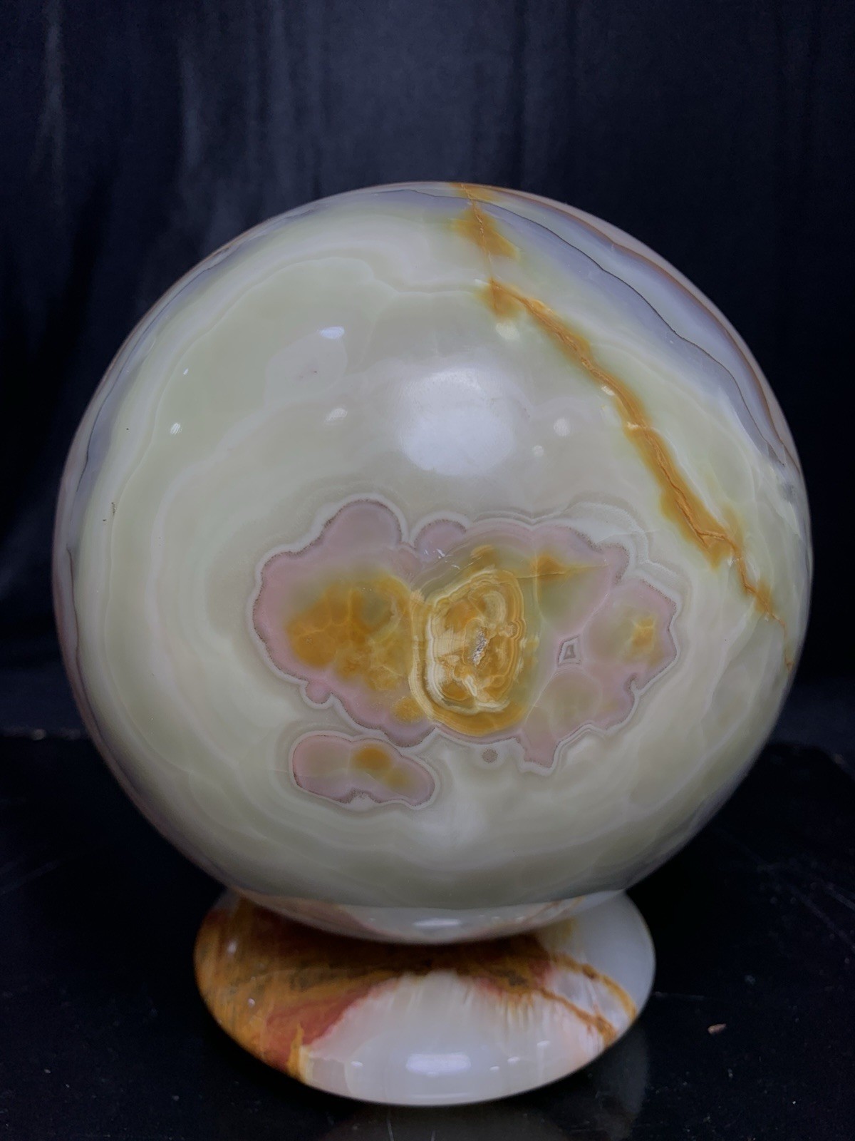 Large 95mm Green Banded Onyx Sphere 4.636kg Calcite Crystal Orb Specimen Stand