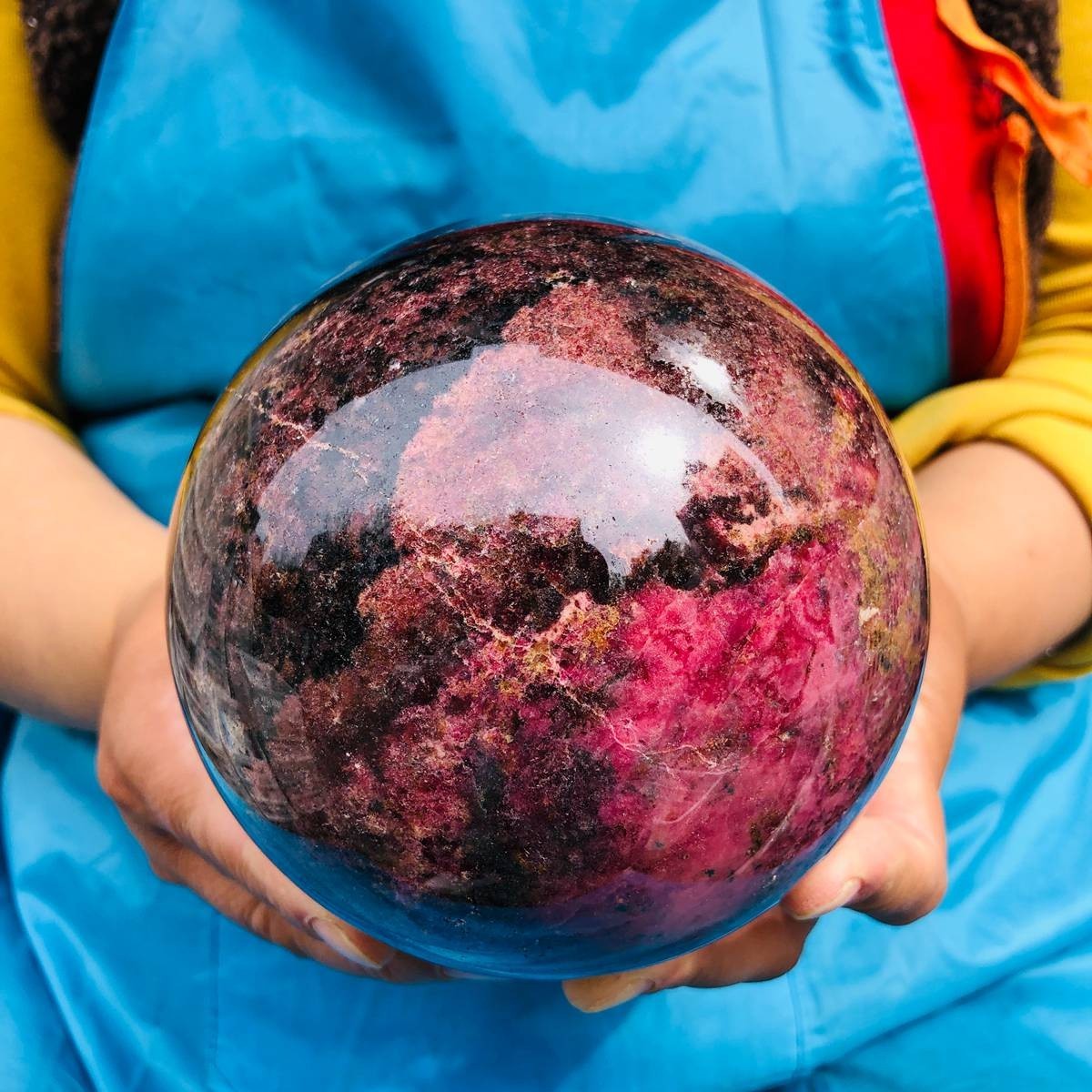 6.6LB Natural Rhodonite Crystal Sphere Pink Black Healing Gem Stone 4802
