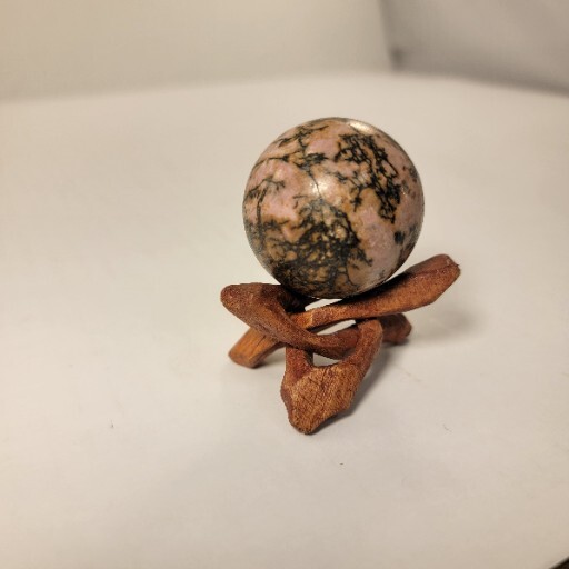 Rhodonite Sphere Polished Rock Pink Gemstone With Wooden Tripod Stand