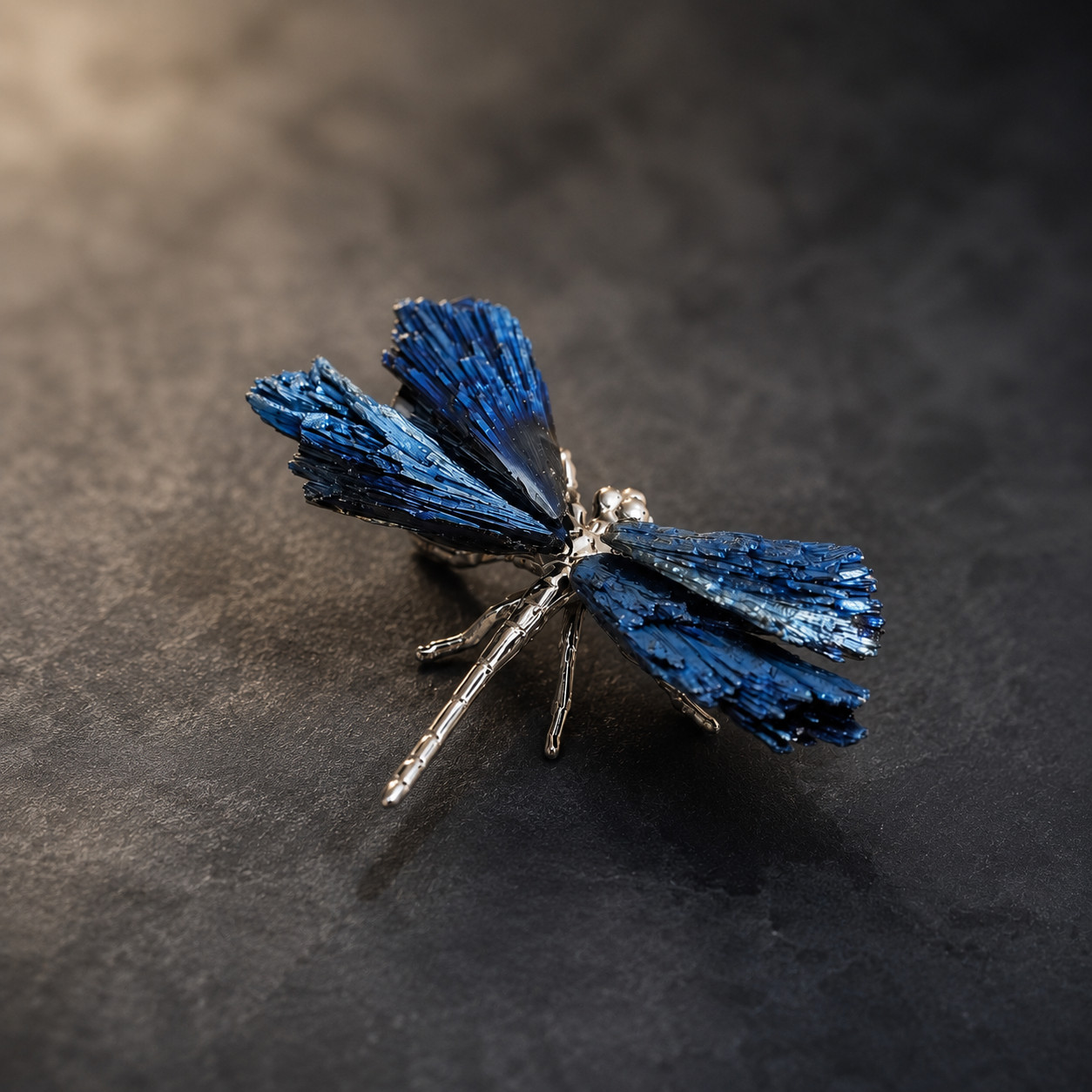 Handmade Blue Kyanite Dragonfly Gold Tone Metal Crystal Figurine Boho Art 3 Inch