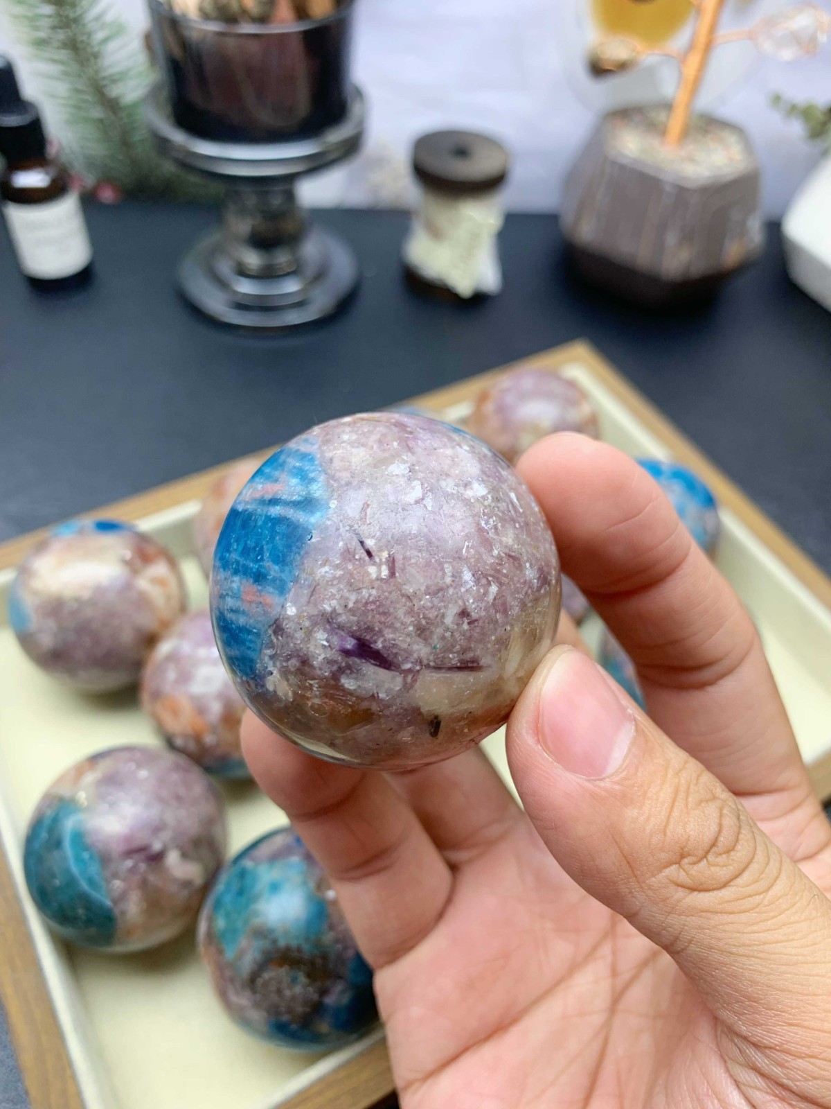 Composite Crystal Sphere 5cm, Apatite Sunstone Purple Mica with Wooden Stand