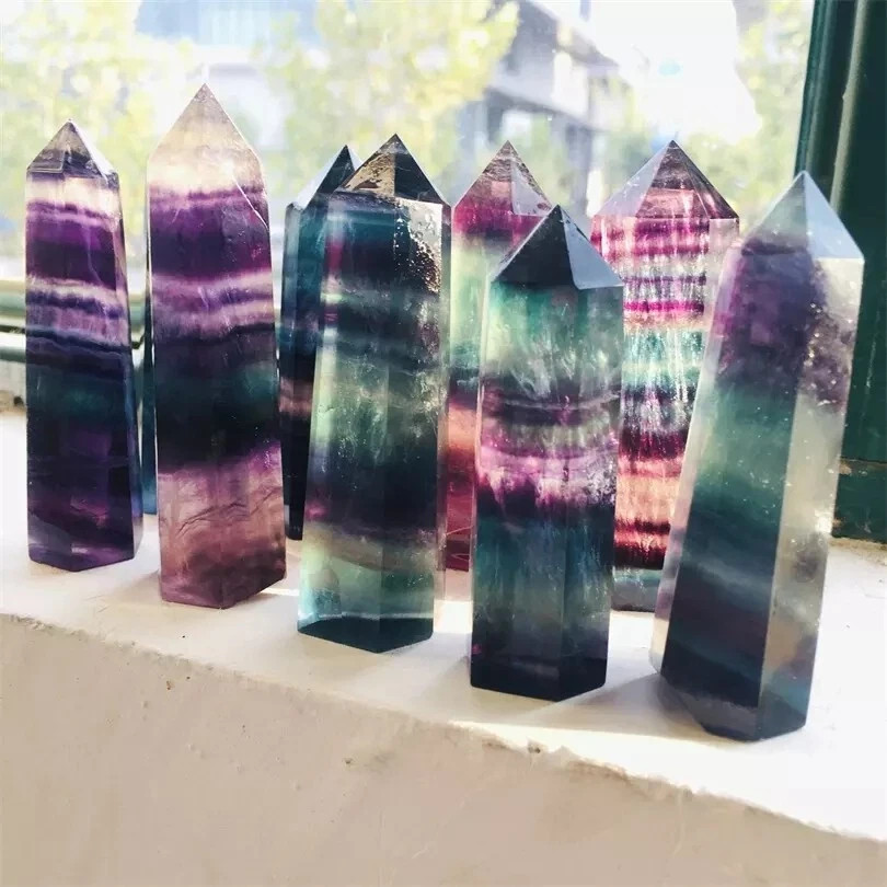 Natural Rainbow Fluorite Tower Obelisk Healing Crystal Point Reiki Wand Decor