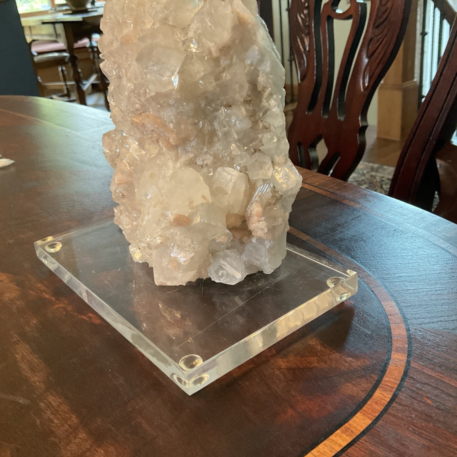Large Quartz Crystal Cluster w/ White & Peach Minerals Lucite Display 7.5” Tall