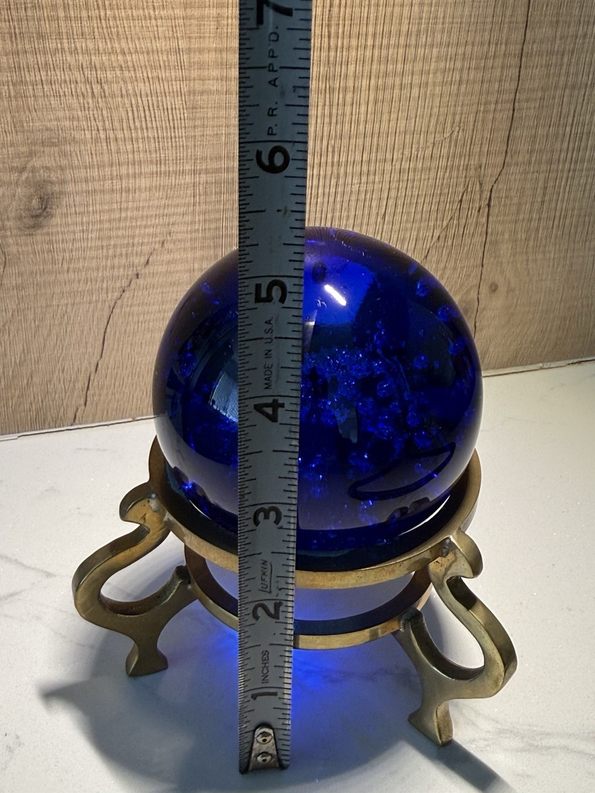 COBALT BLUE CRYSTAL GLASS BALL with BRASS STAND Fortune SPHERE Bubbles