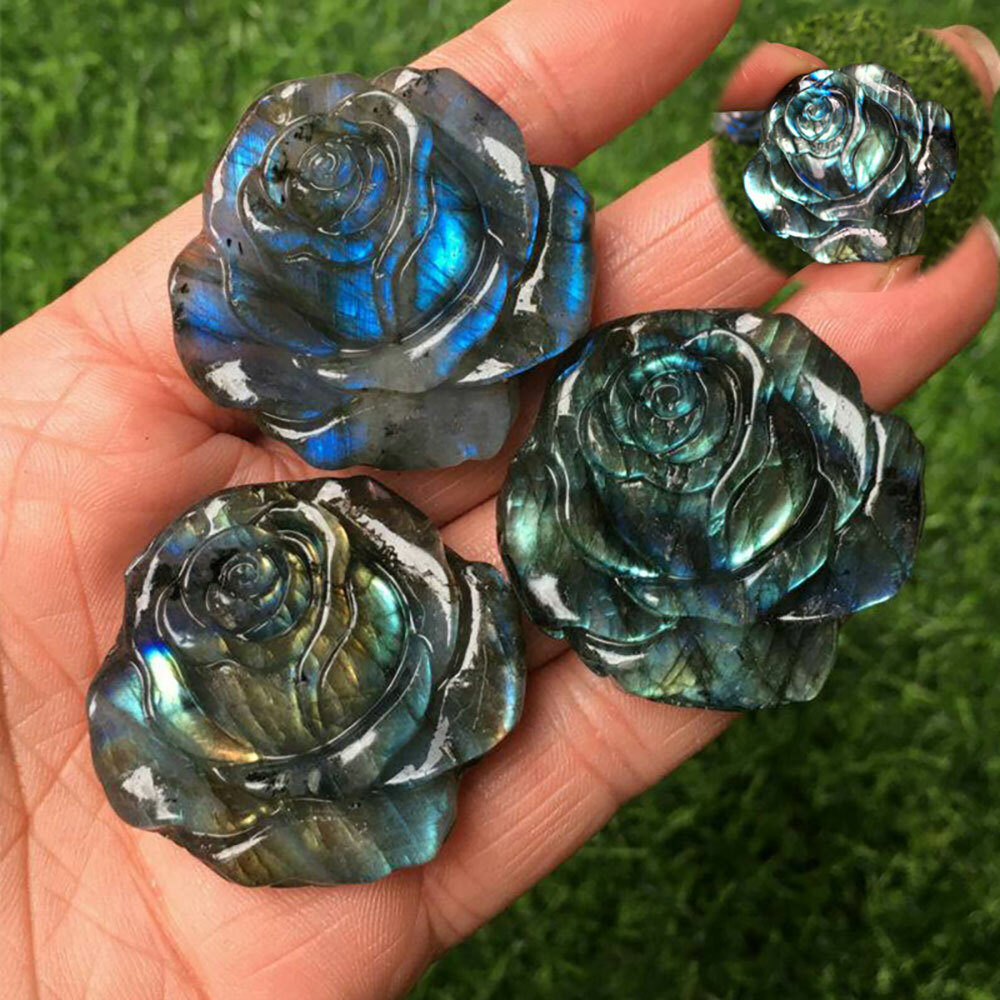 Natural Labradorite Hand Carved The Roses Quartz Crystal Healing Reki Decoration