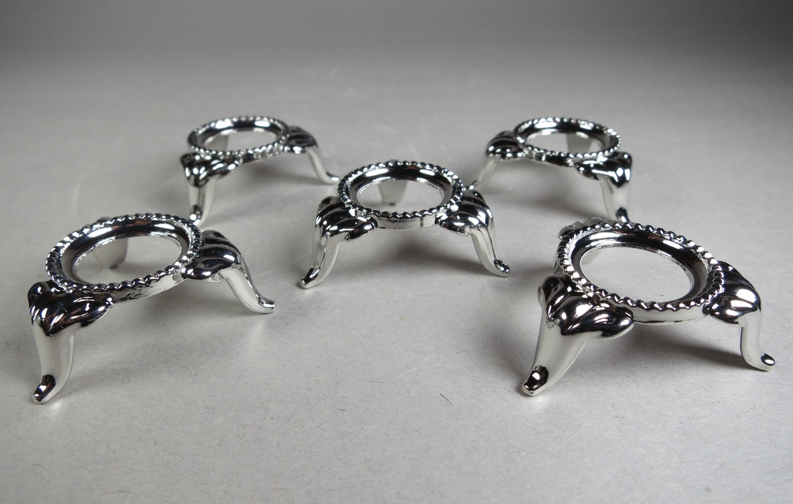 SET OF 5 SMALL NICKEL Sphere/Egg DISPLAY STANDS – SILVER