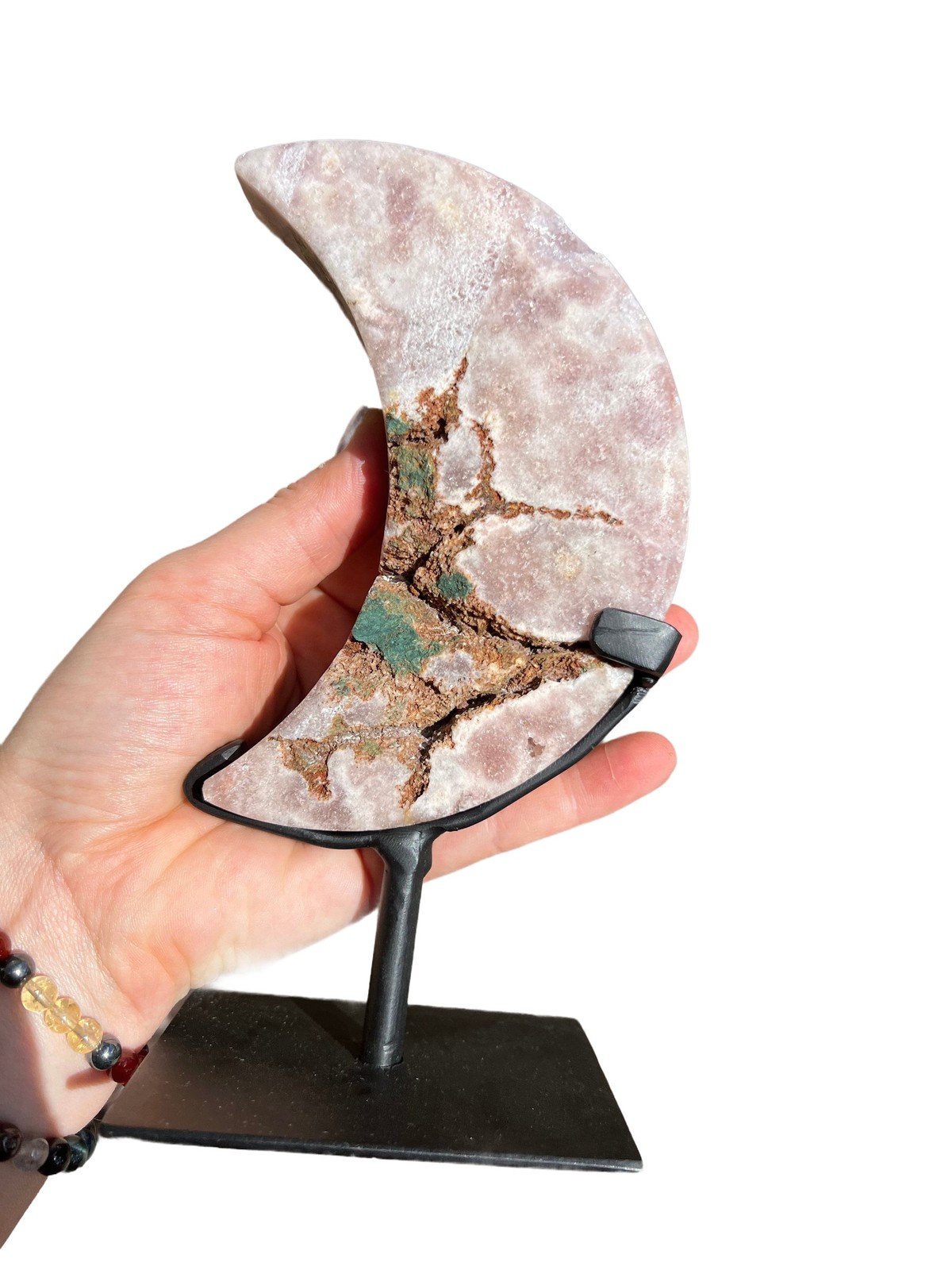 Pink Amethyst Moon on Metal Stand – No.3, Natural Pink Amethyst from Brazil