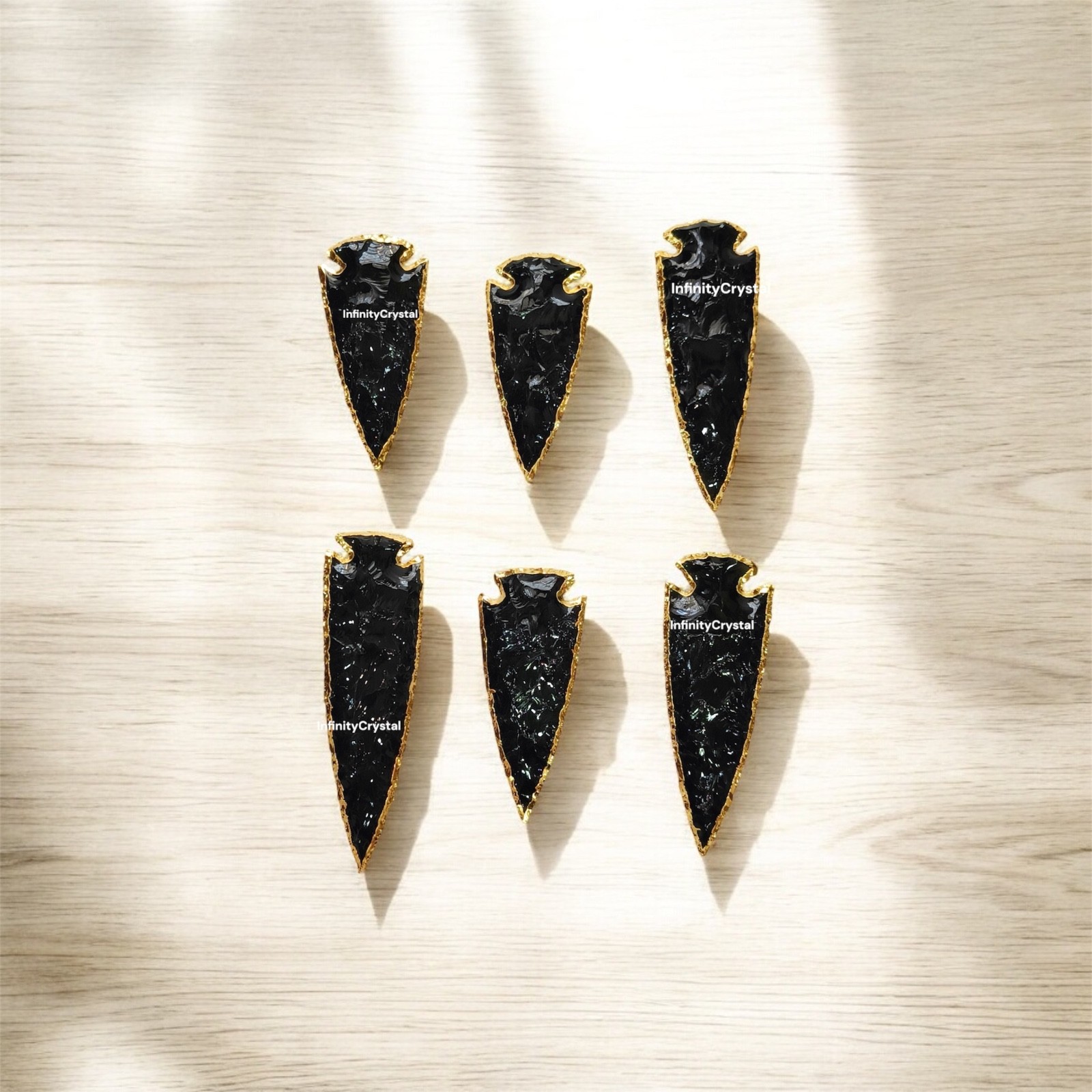 Black Obsidian Arrowheads 5 Pieces Set Gold Electroplated 3-4” Healing Crystals