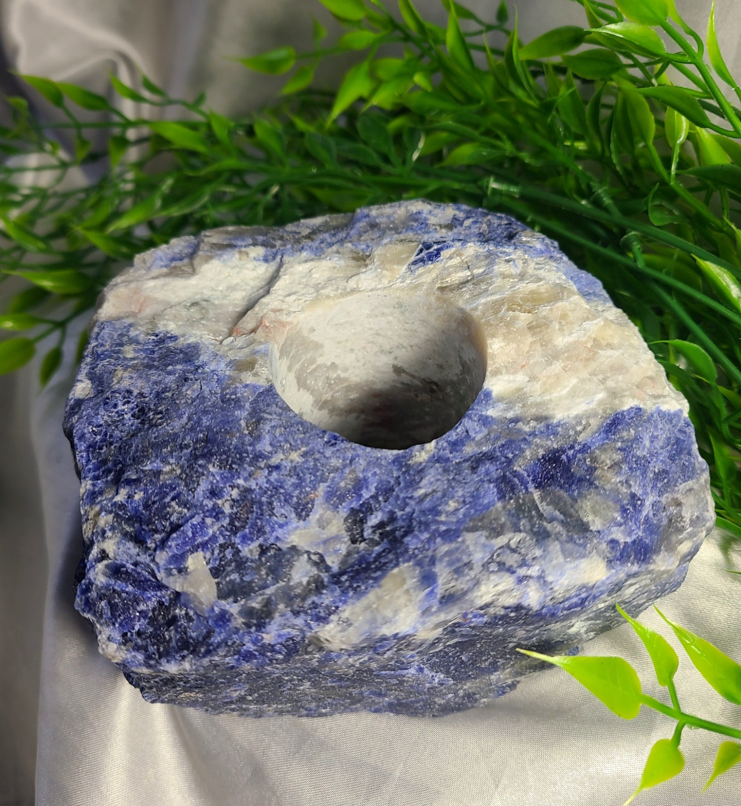Large Raw 2lb UV Reactive Sodalite Stone Candle or Sphere Holder Tea Light Stand