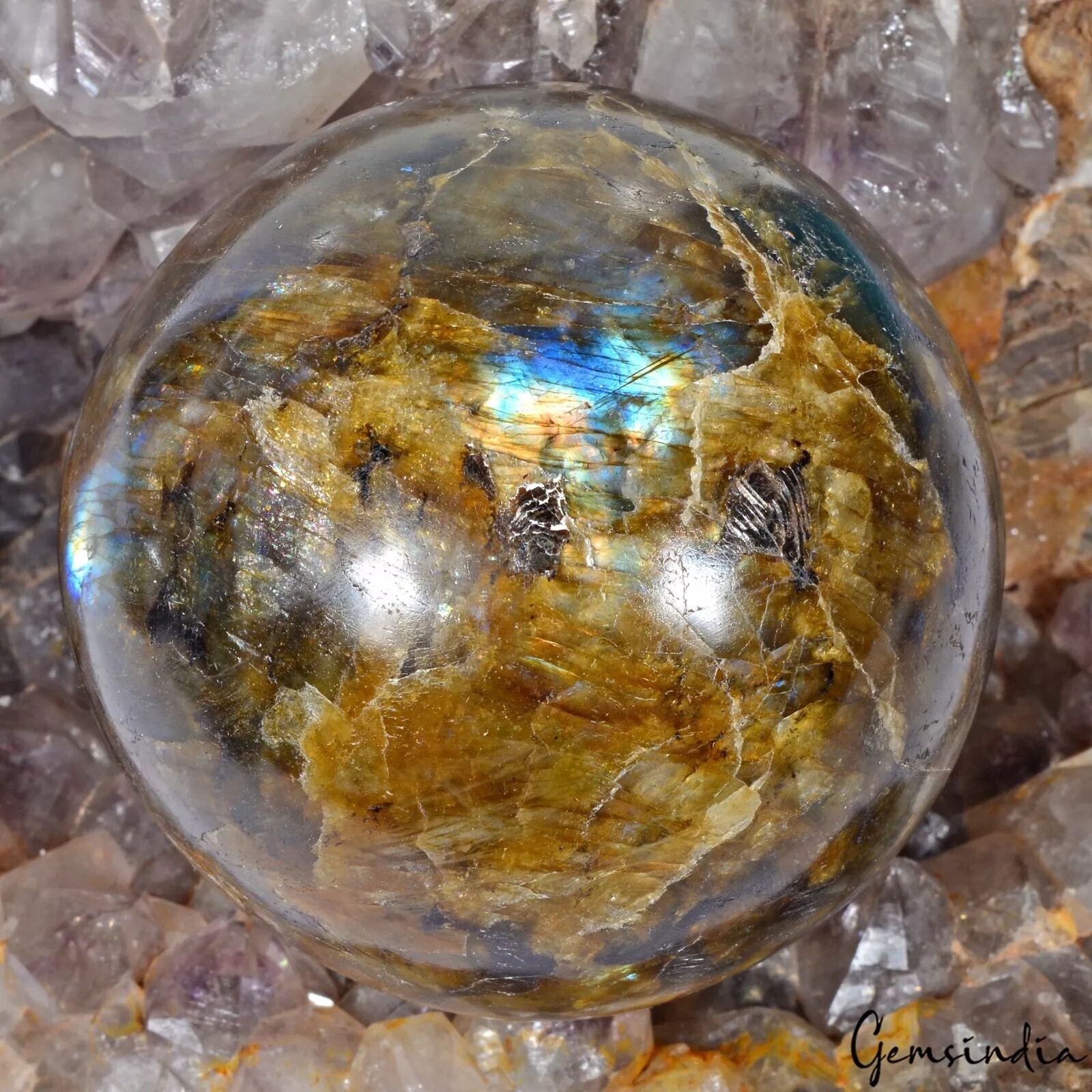 Natural Untreated Multi Shine Labradorite Healing Crystal Sphere W Stand 2890 Ct