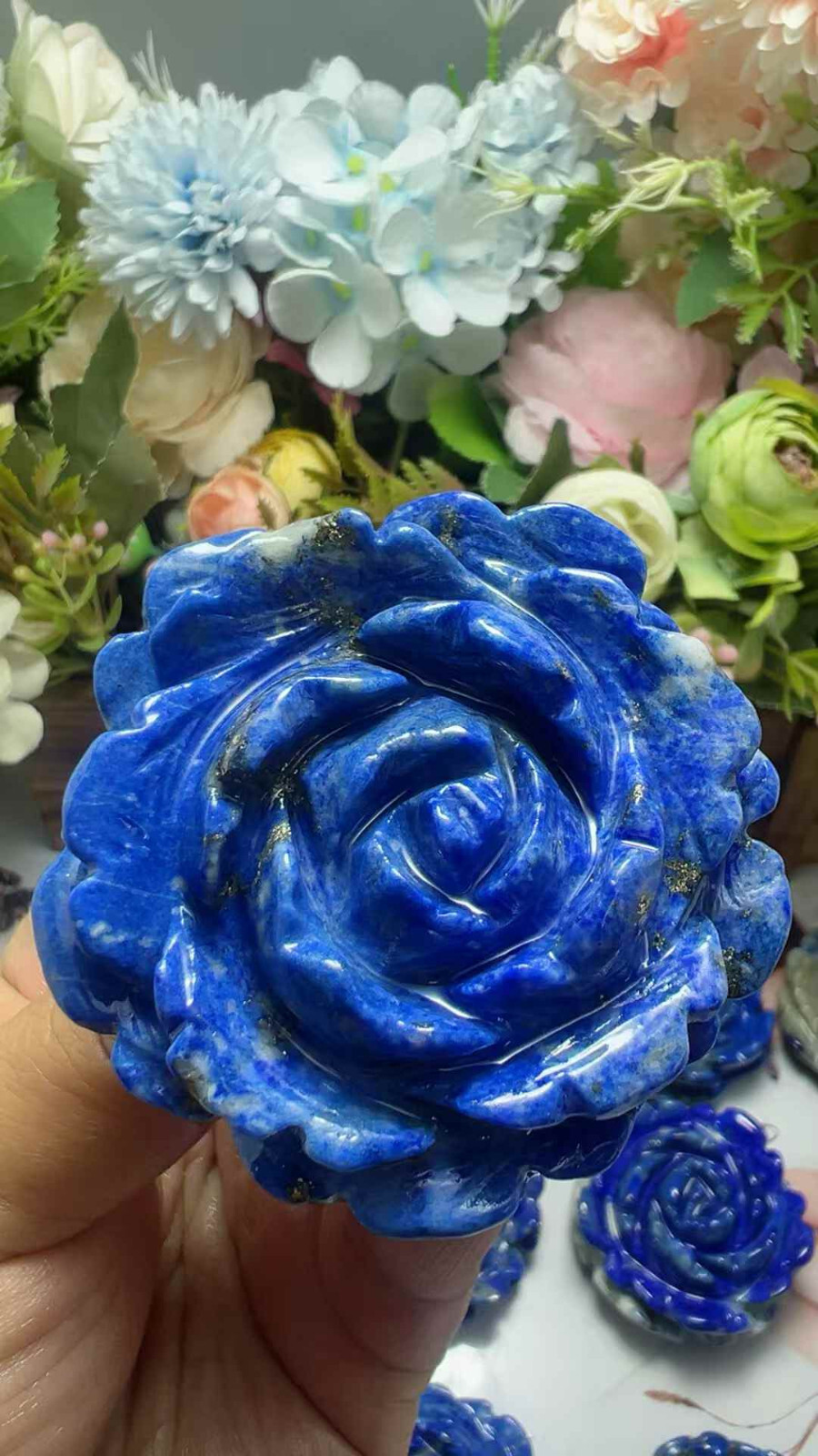 1pc Natural Lapis Lazuli Quartz Carved Flower Skull Crystal Reiki Healing Decor