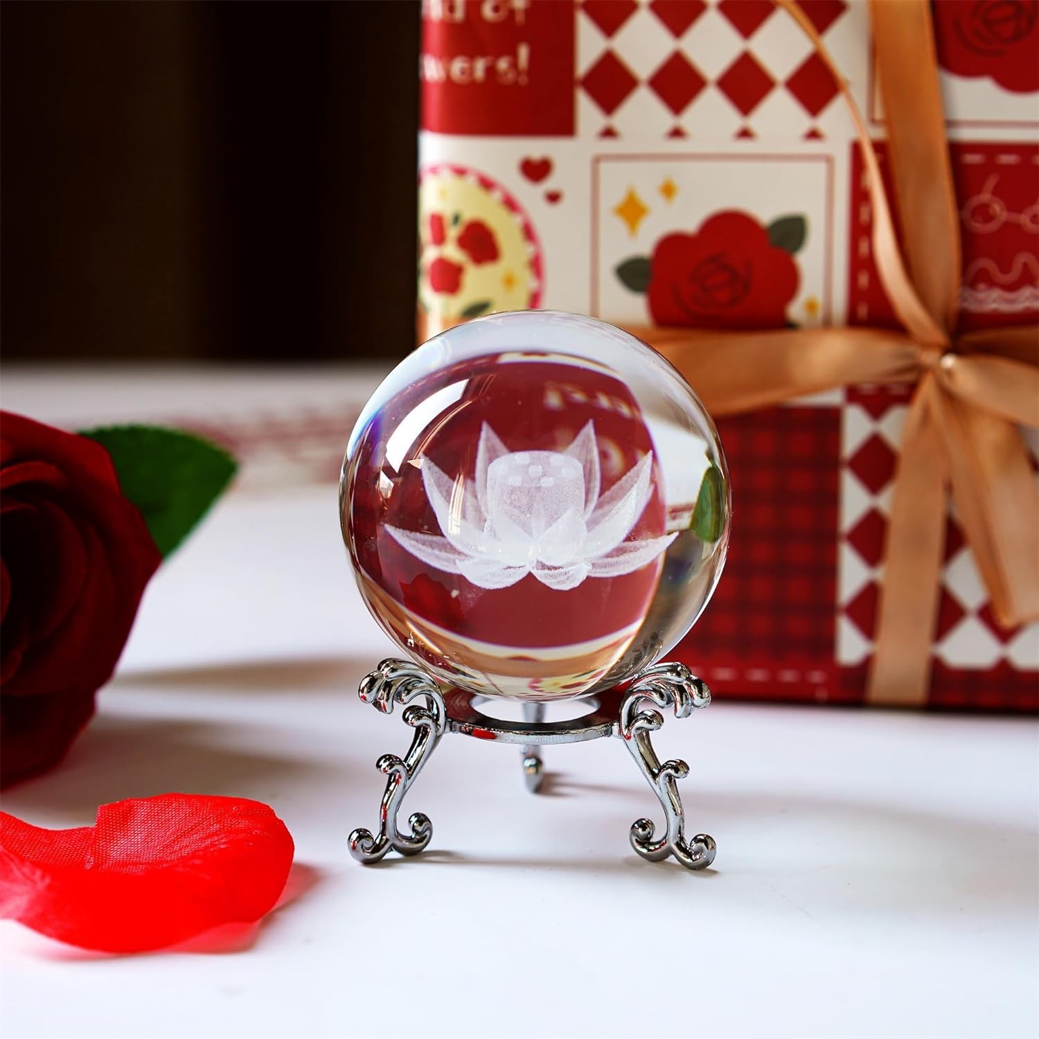 3D Laser Engraved Lotus Flower Crystal Ball – Elegant Paperweight Gift