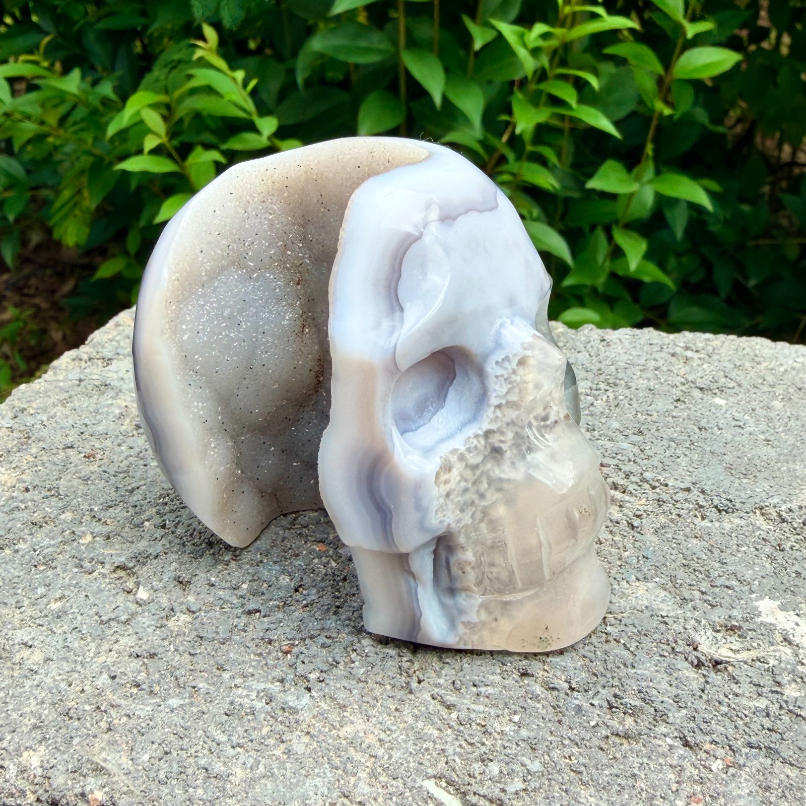 326g Amethyst agate crystal cave skull, Rare hand carved skull specimen