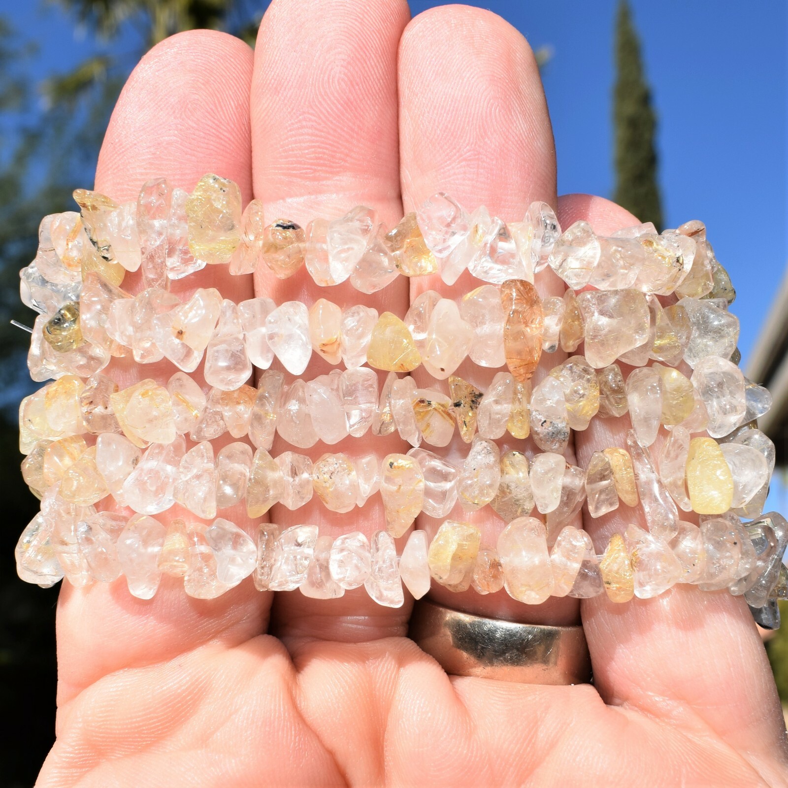 CHARGED Golden Rutile Quartz Crystal Chip Stretchy Bracelet + Selenite Heart
