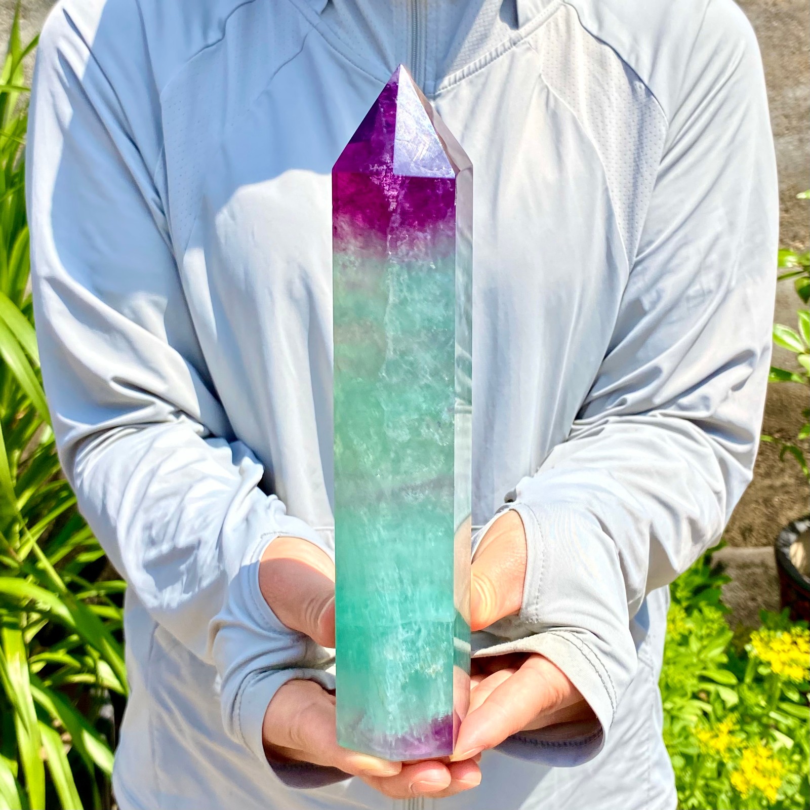 2.27LB Natural Rainbow Fluorite Obelisk Quartz Crystal Wand Tower Point Healing