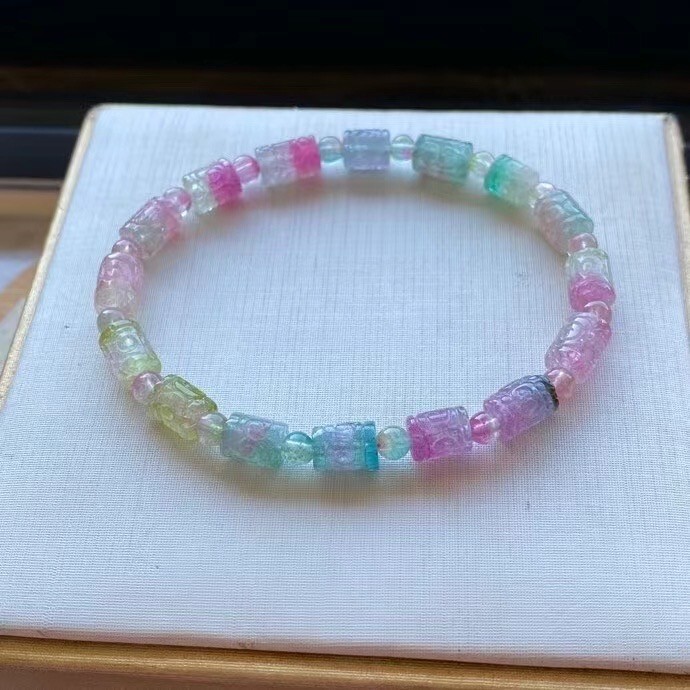 11.5g TOP Natural Rainbow watermelon tourmaline Gemstone Bucket bead bracelet A+