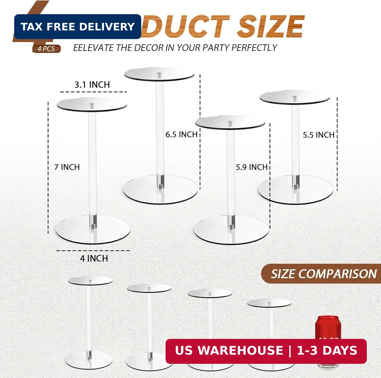 4 Pack Round Acrylic Display Stands, 5.5-5.9-6.5-7in Small Clear Acrylic Display