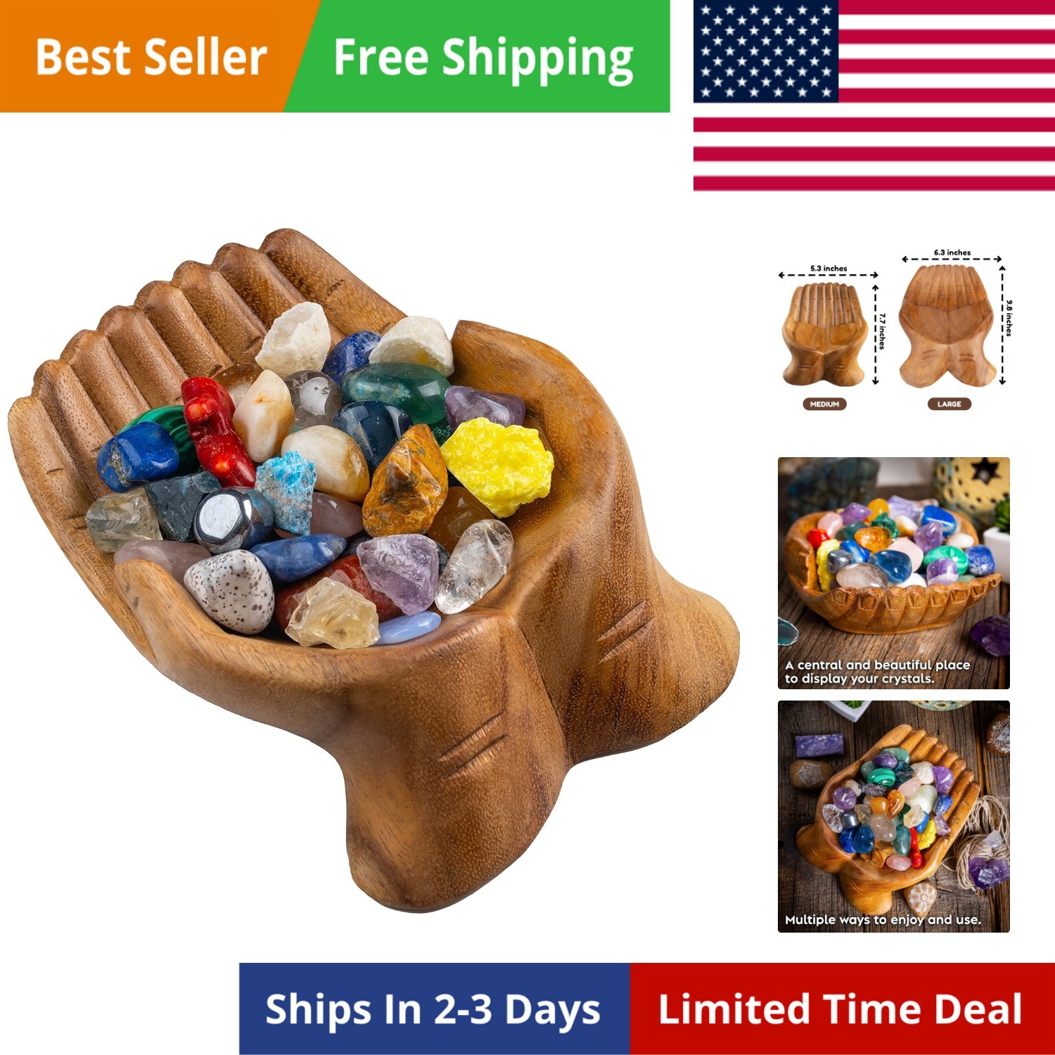 Carved Hands Offering Bowl – Crystal Holder for Stones, Rock Collection Holde…