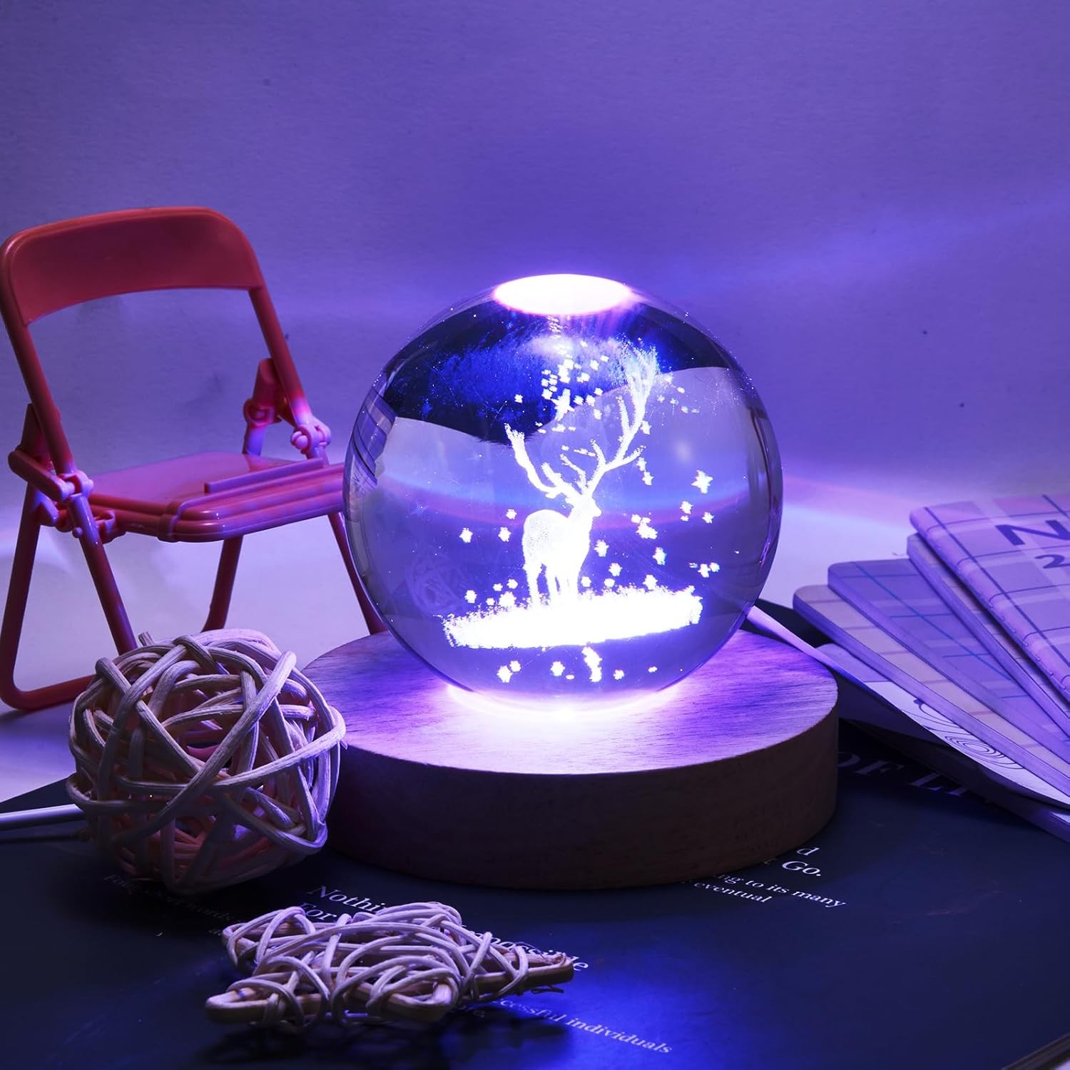 2PCS LED Wooden Round Light Base 7-Color Adjustable Display Stand for 3D Crystal