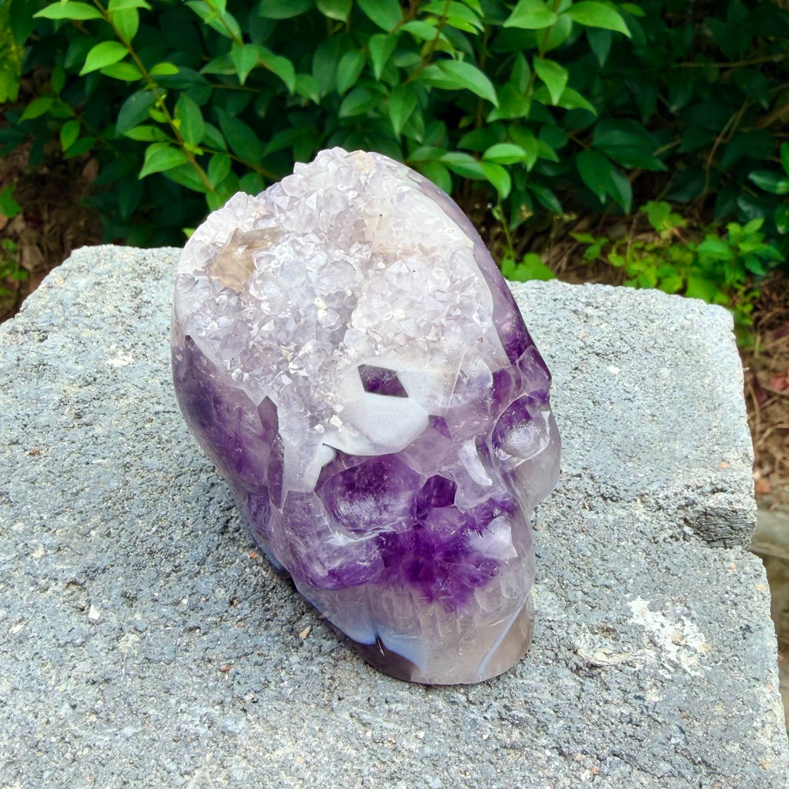 493g Amethyst agate crystal cave skull, Rare hand carved skull specimen