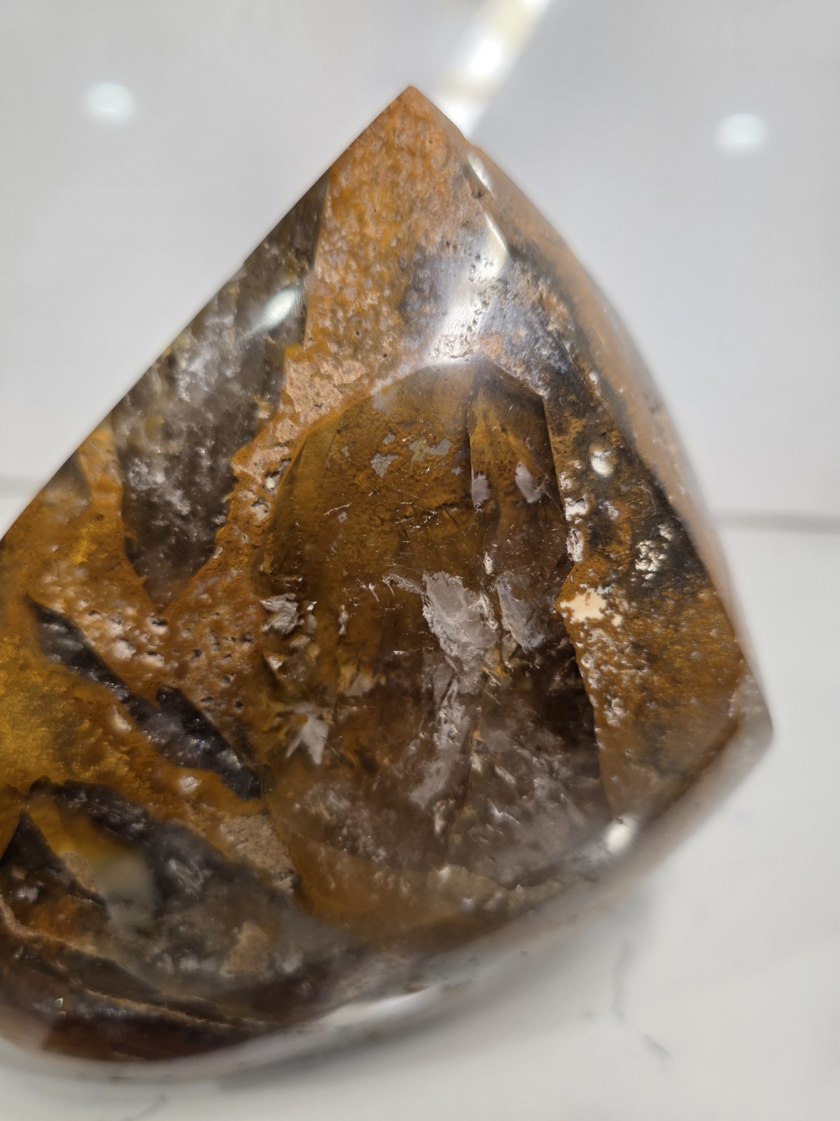 4LB 6″ High-Grade AAA Golden Healer with Smoky Quartz Crystal Flame Free-form