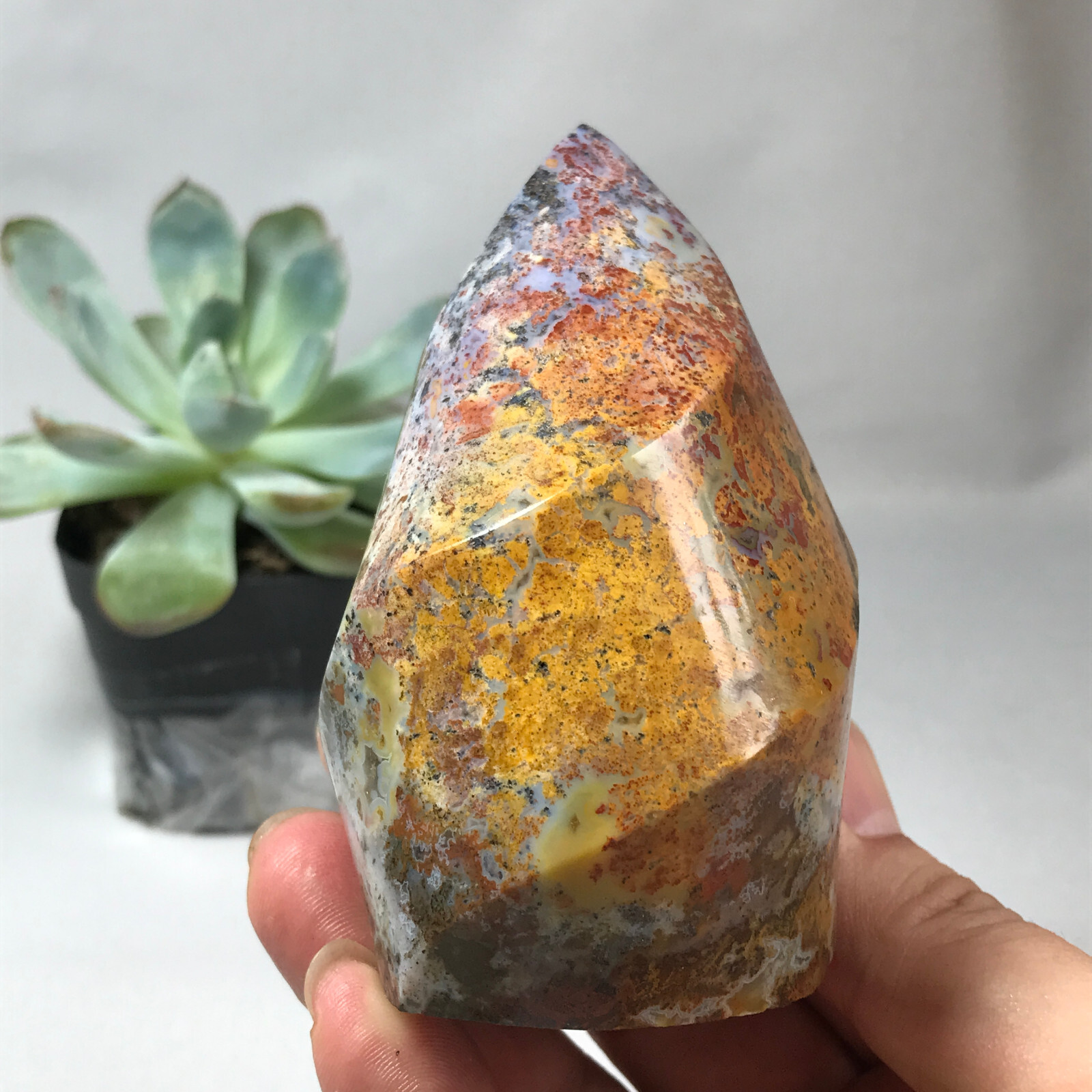 Natural Ocean Jasper torch Hand carve polish Crystal free standing 386g g6622