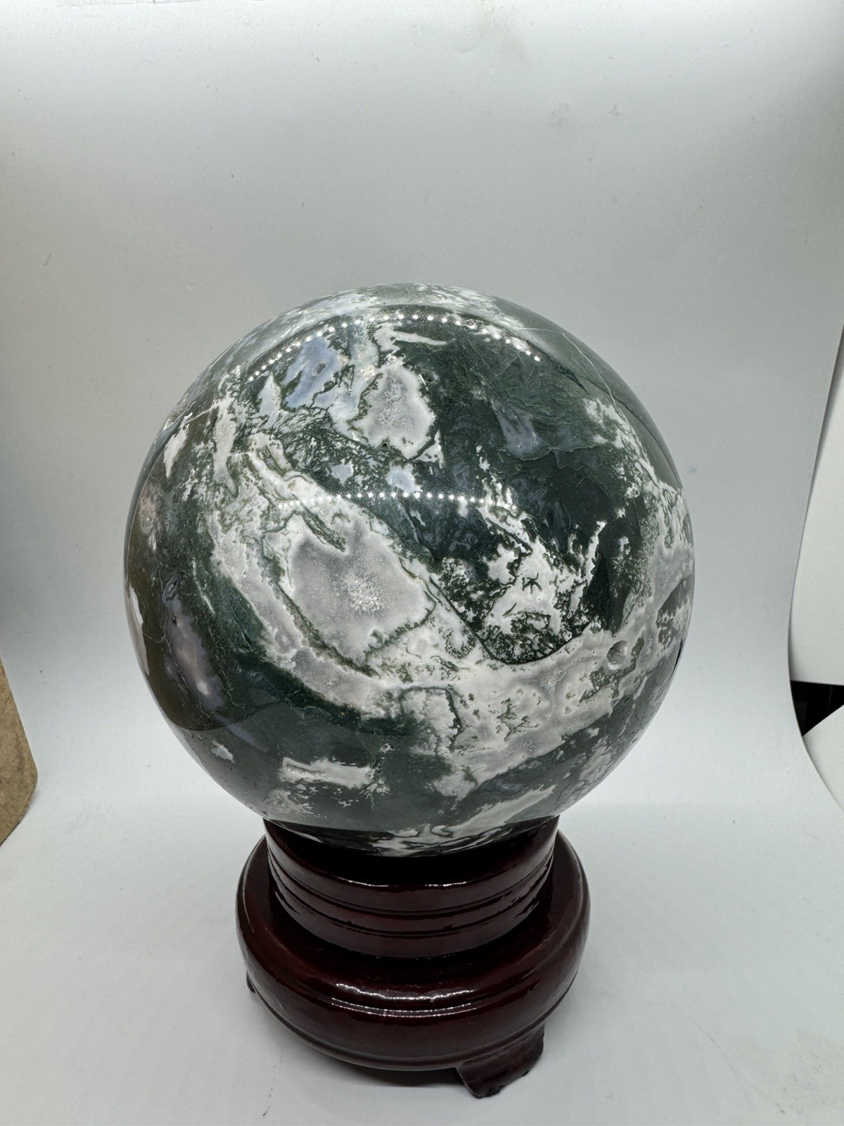 11 pound Polished Moss Agate Green White Crystal Sphere with Wooden Stand