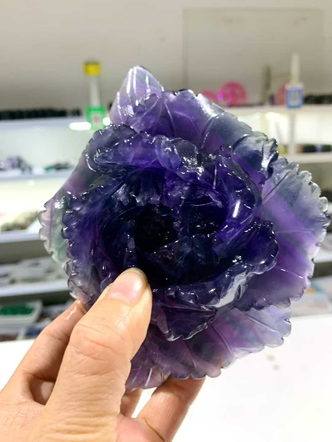 1pc Natural Purple Fluorite Quartz Carved Peony Flower Skull Crystal Reiki Decor