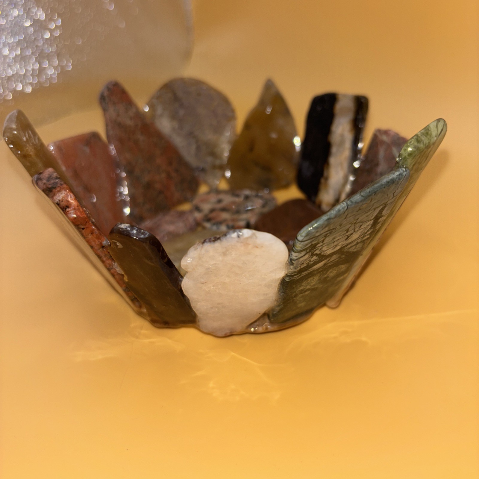 Gemstone Slab Bowl Handmade Signed Studio Art With Sliced Polished Rocks /Resin