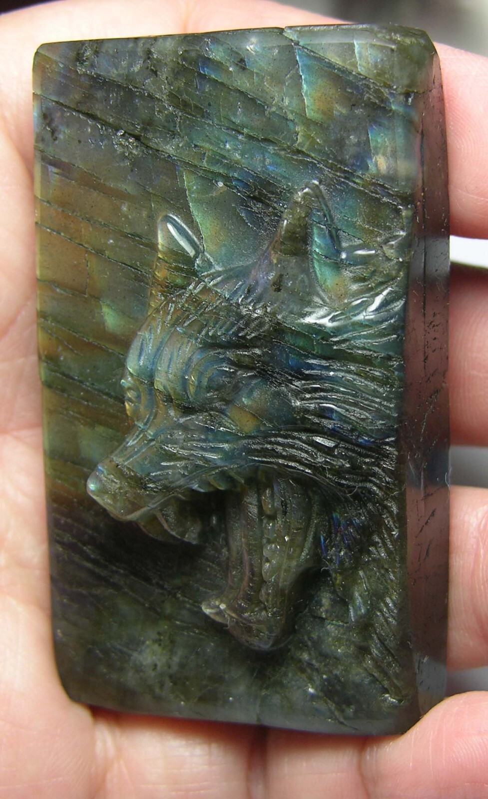 #9 Madagascar 100% Natural Labradorite wolf Carving 61.00mm X 36.00mm x 16.00mm