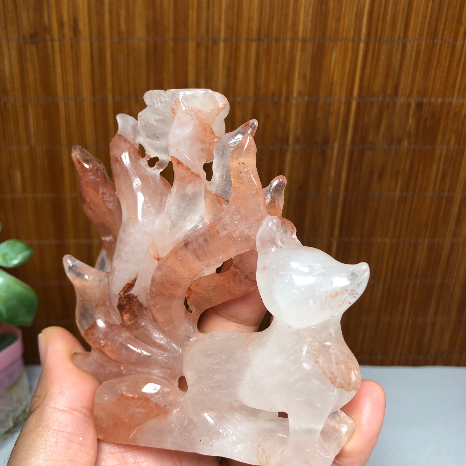 91mm Natural Red gum flower crystal carved Nine Tailed Fox specimens 175g A1799