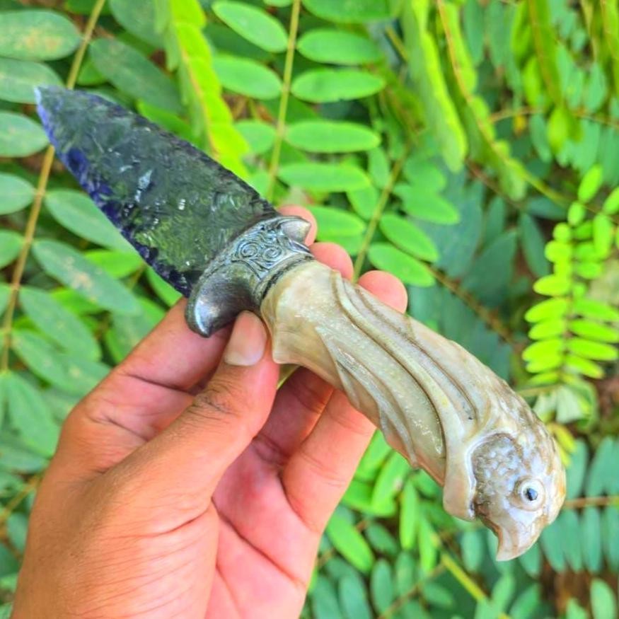 10″ Amethyst Glass Crystal Knife Handcrafted Ritual Athame Ornate Eagle Handle