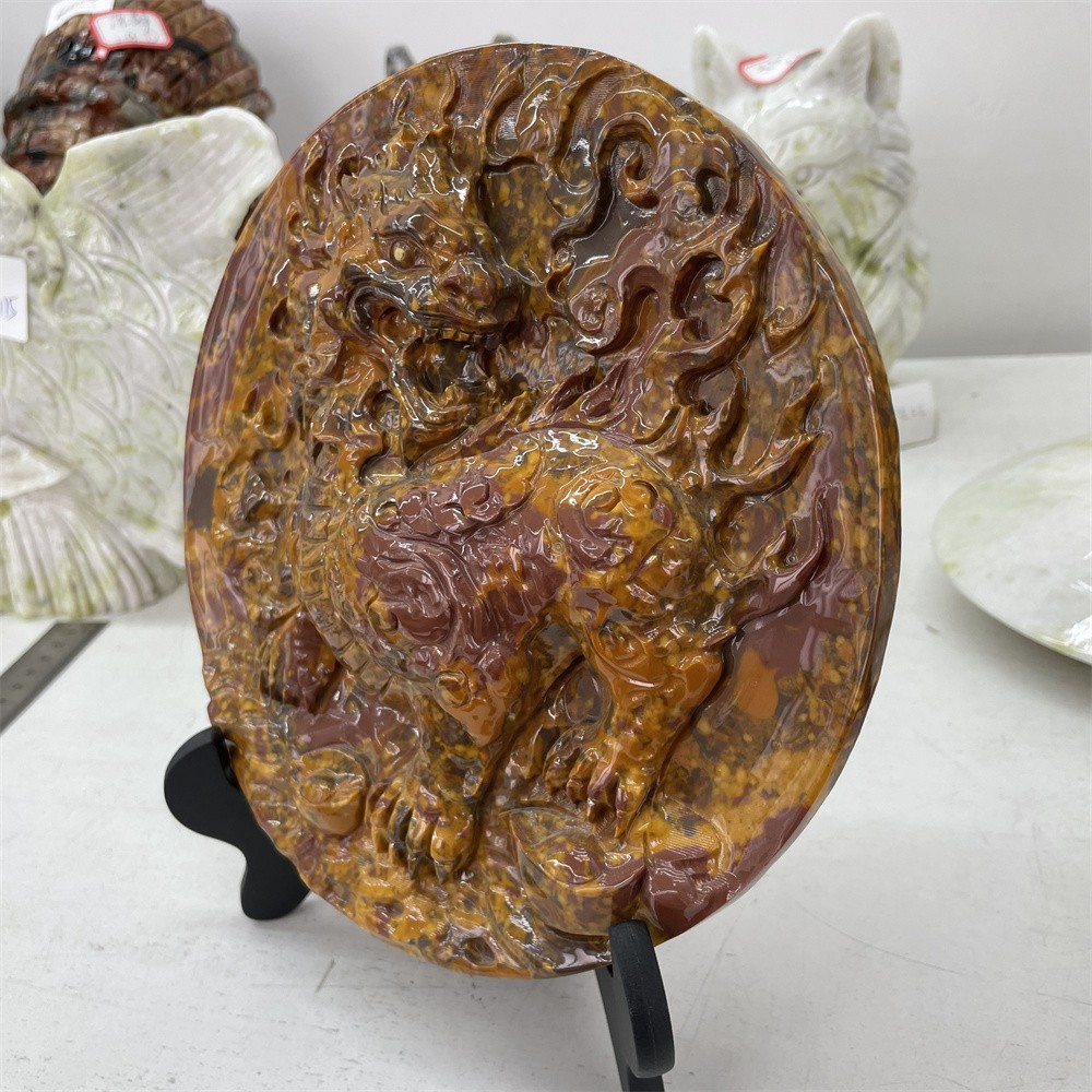 1.9LB 7.4″Natural Seven Colorful Jade Kylin Crystal Heal Carving Quartz Decor
